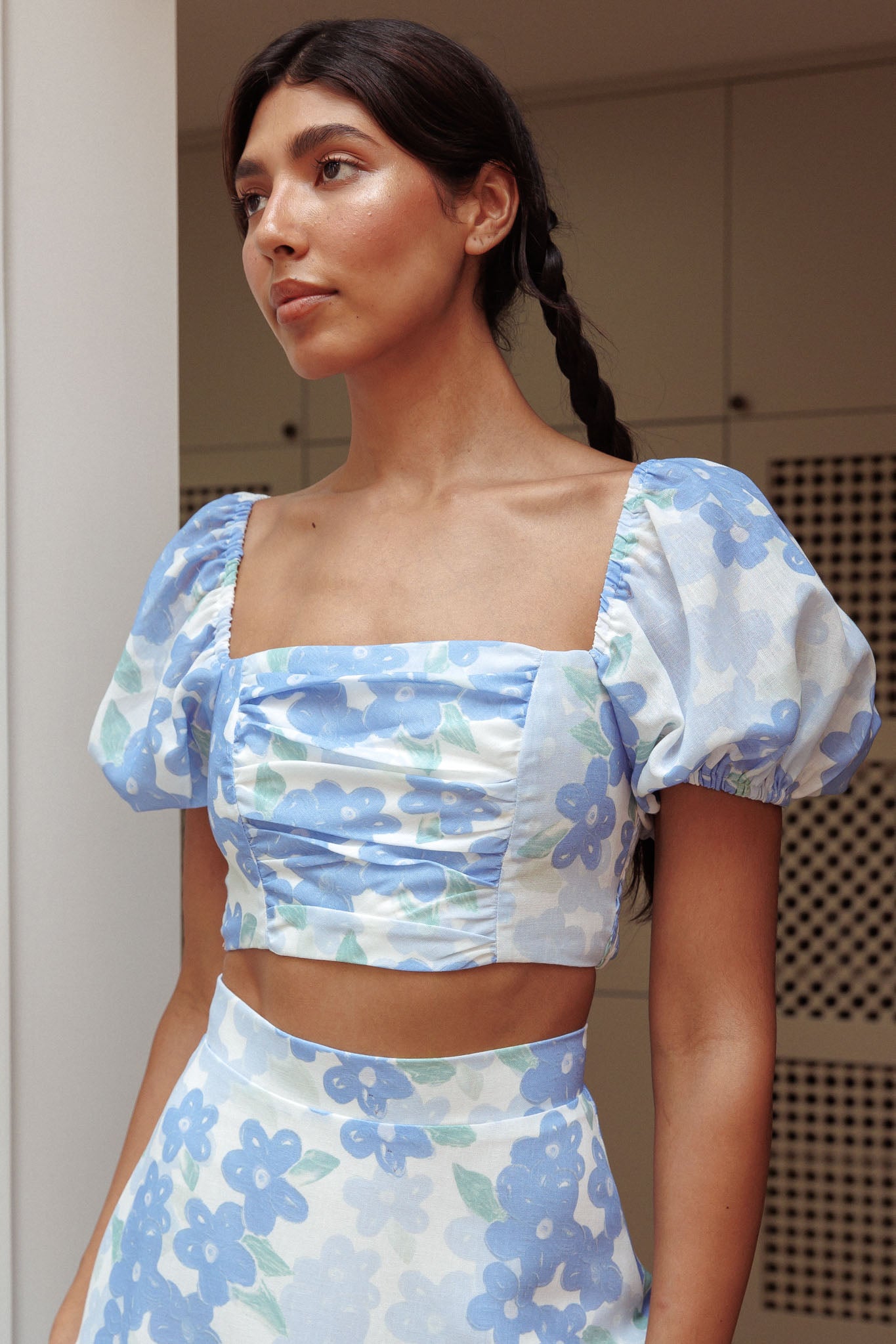 The Moment Puff Sleeve Crop Top Floral Blue-Maymioy
