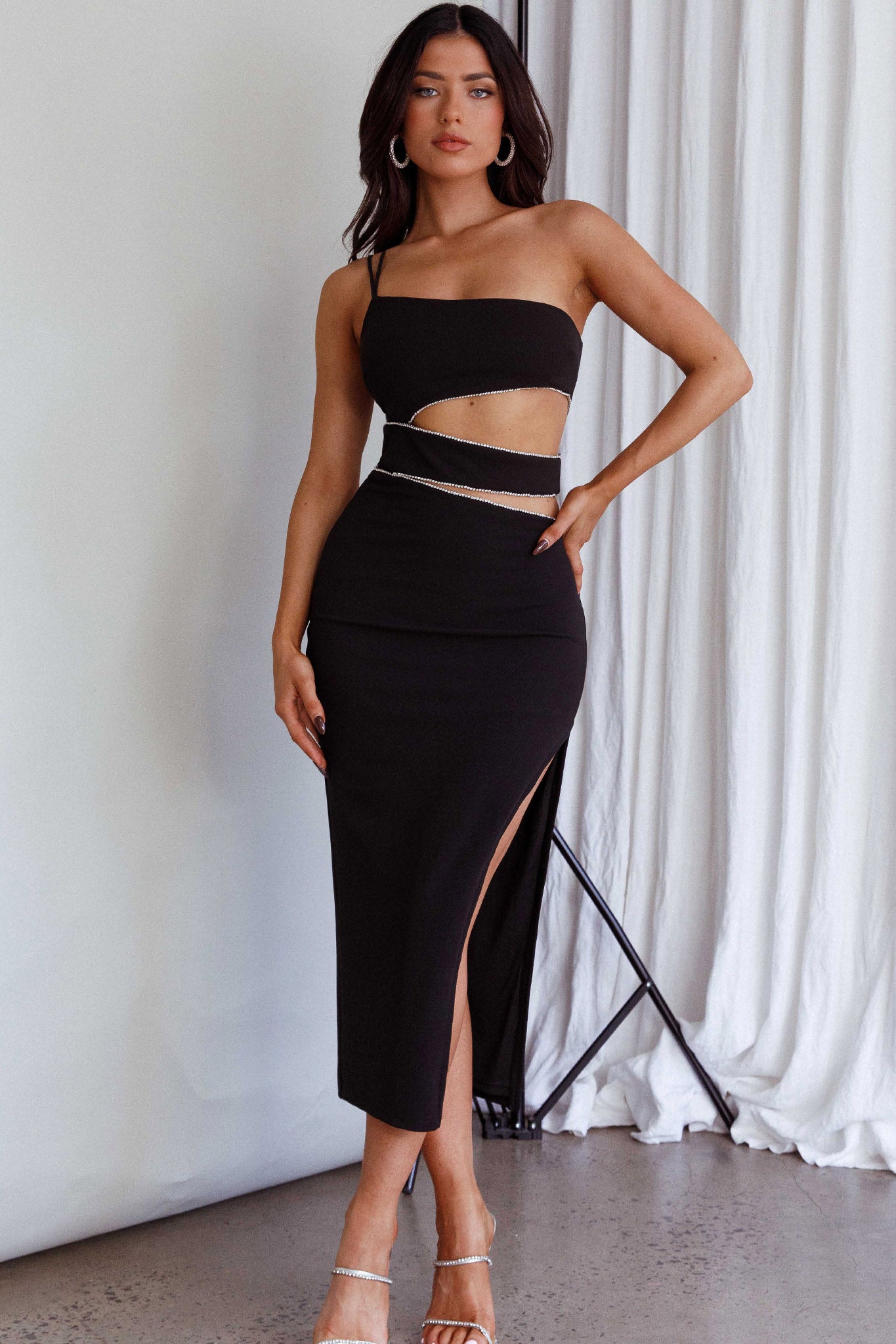 Raye Cut-Out Waist Rhinestone Midi Dress Black-Maymioy