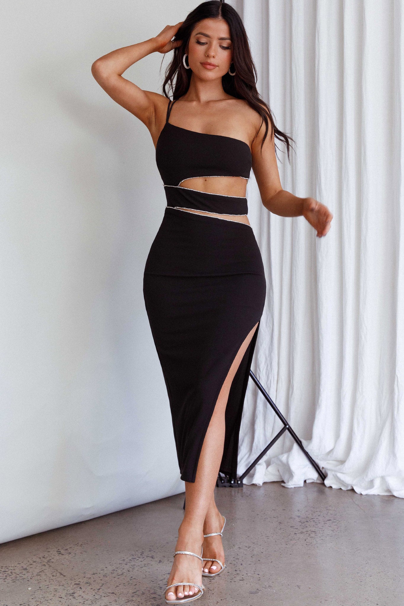 Raye Cut-Out Waist Rhinestone Midi Dress Black-Maymioy