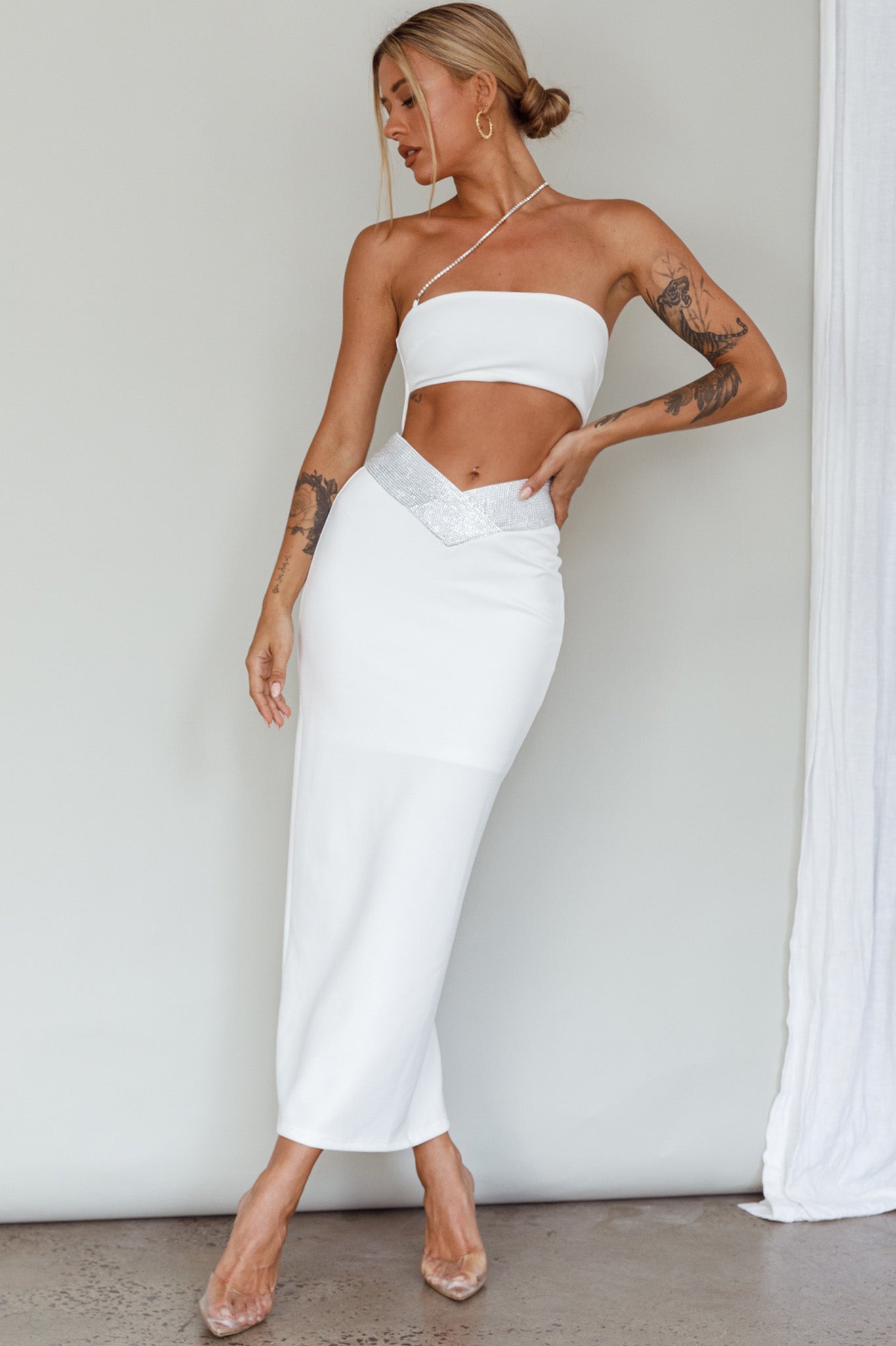Megyn Diamante Midi Dress White-Maymioy