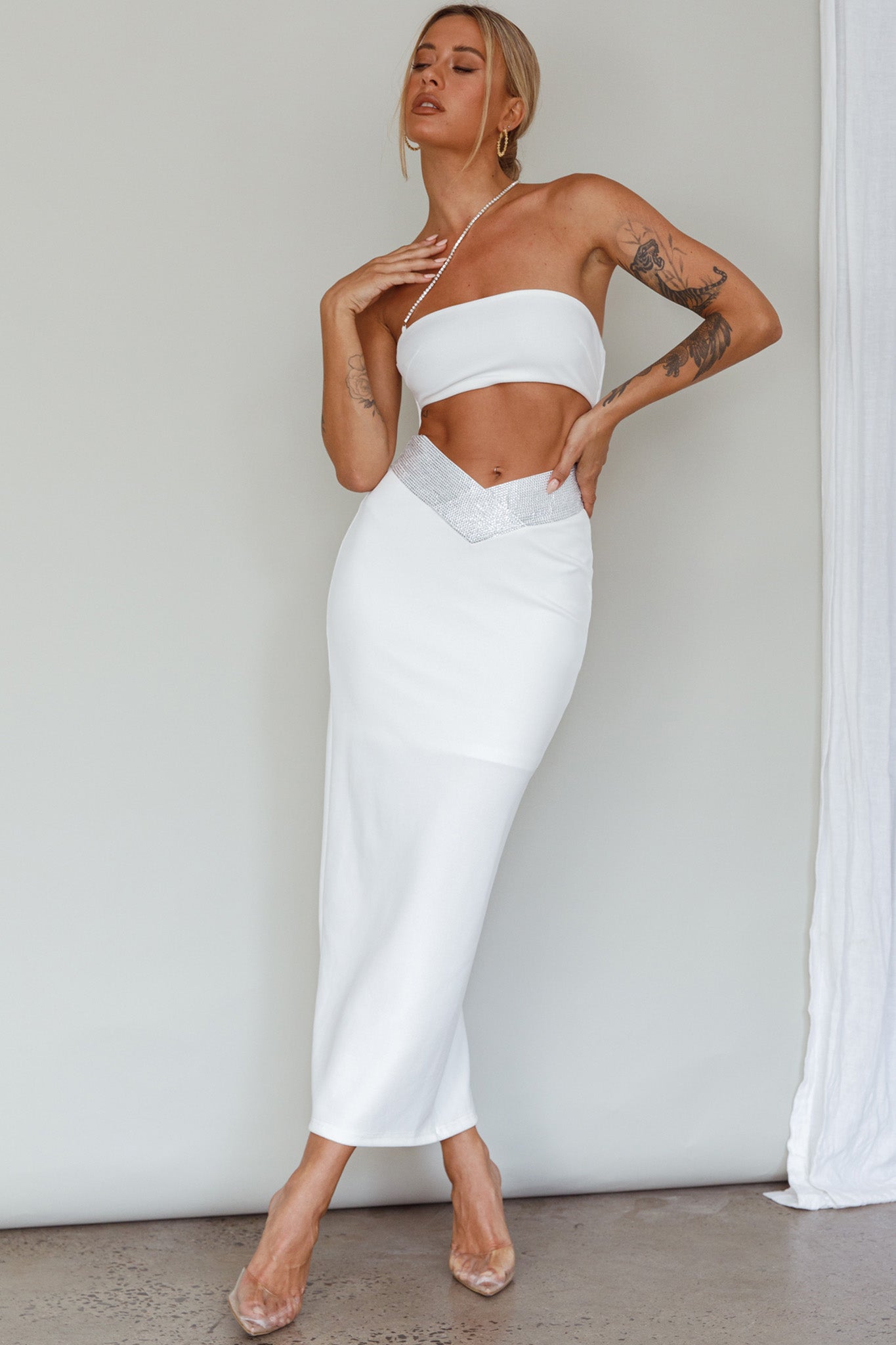 Megyn Diamante Midi Dress White-Maymioy