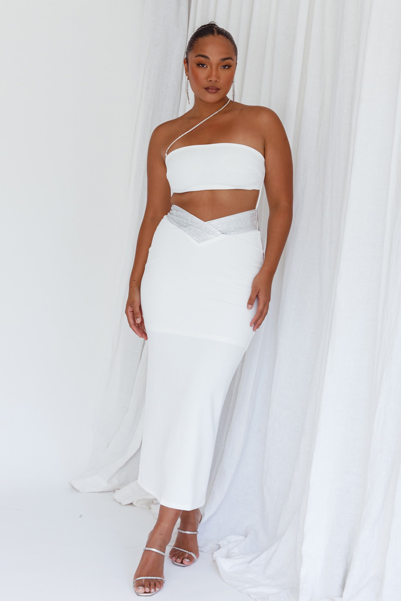 Megyn Diamante Midi Dress White-Maymioy