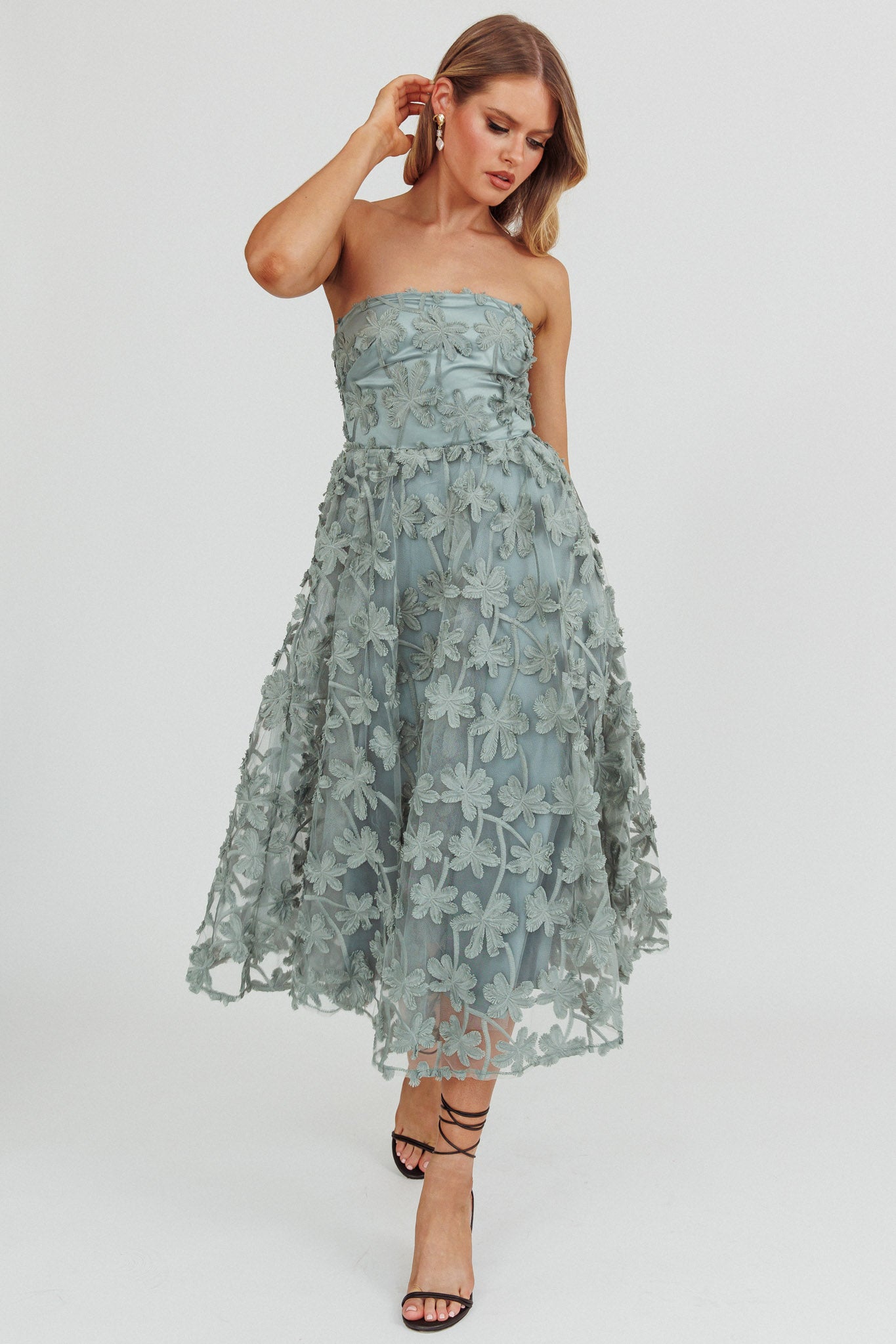 Dori Floral Embellished Midi Dress Sage-Maymioy