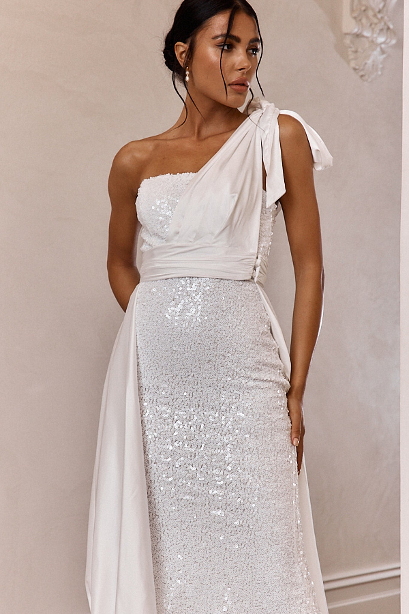 Francene Two Piece Sequin Maxi Dress White-Maymioy