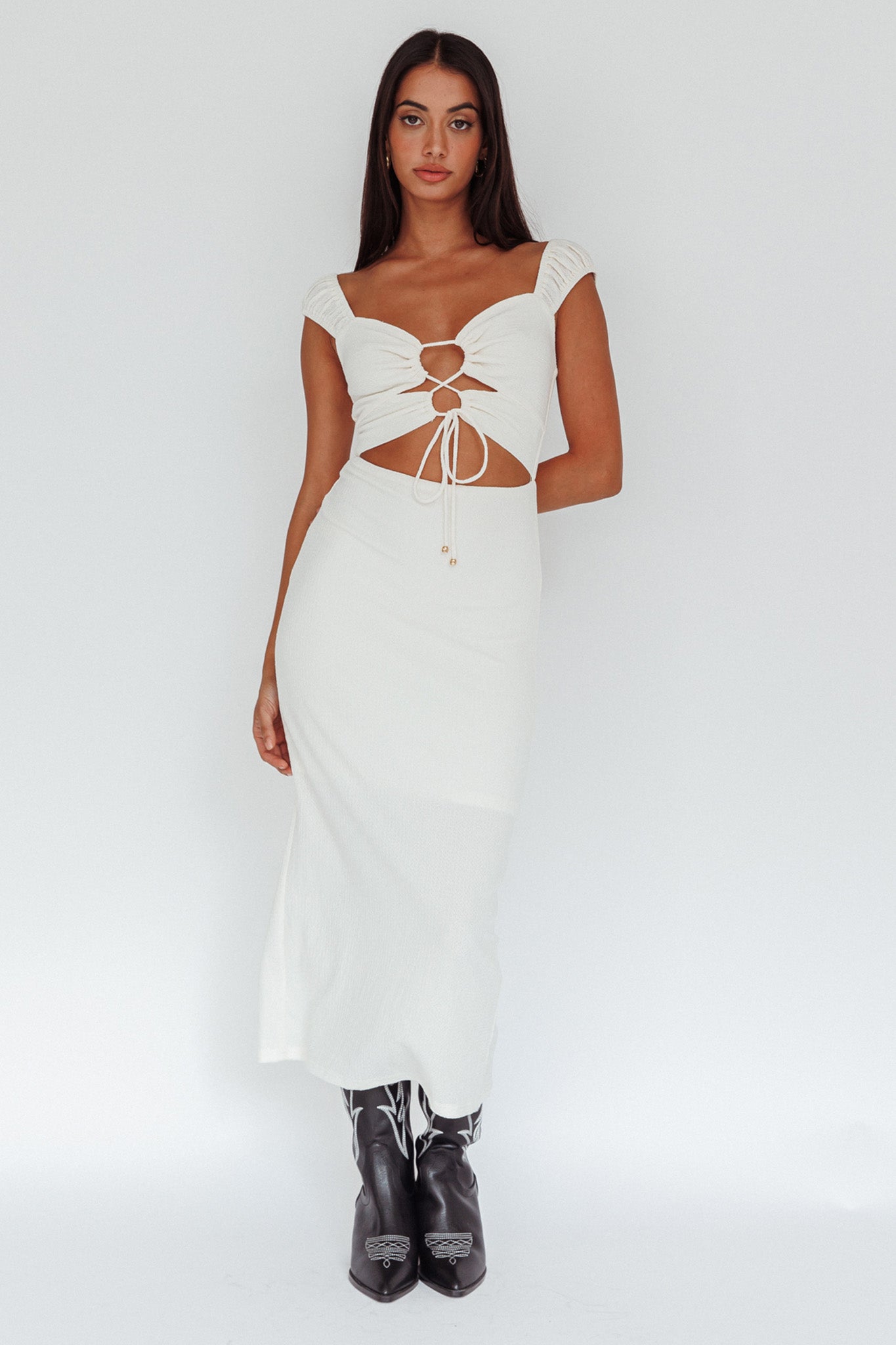 Iconic Cut-Out Bodice Midi Dress Cream-Maymioy