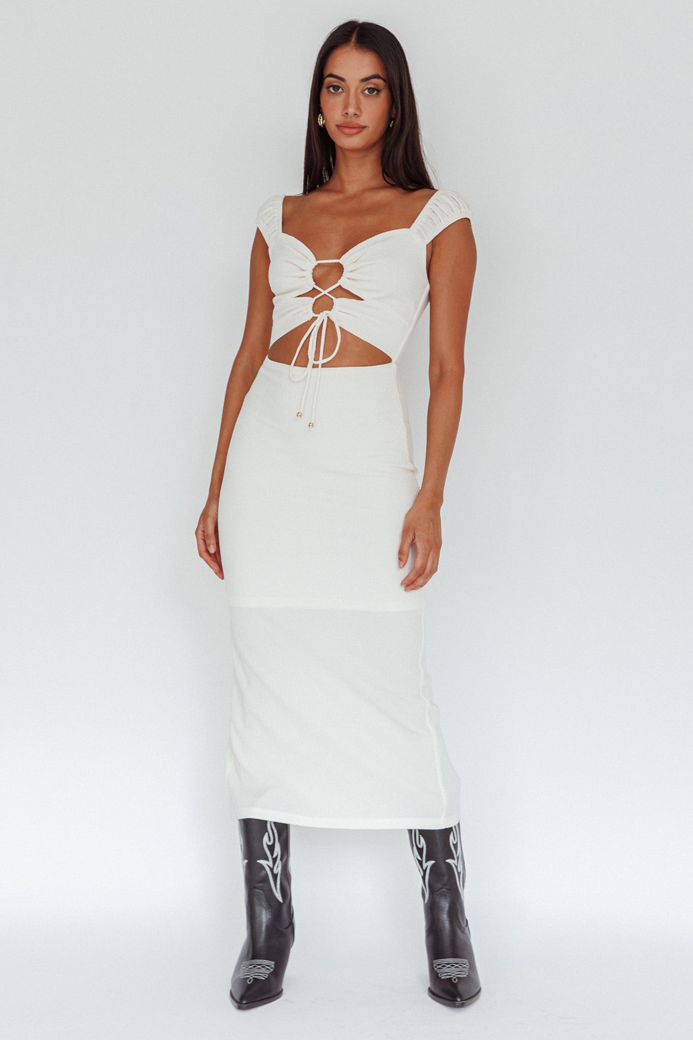 Iconic Cut-Out Bodice Midi Dress Cream-Maymioy