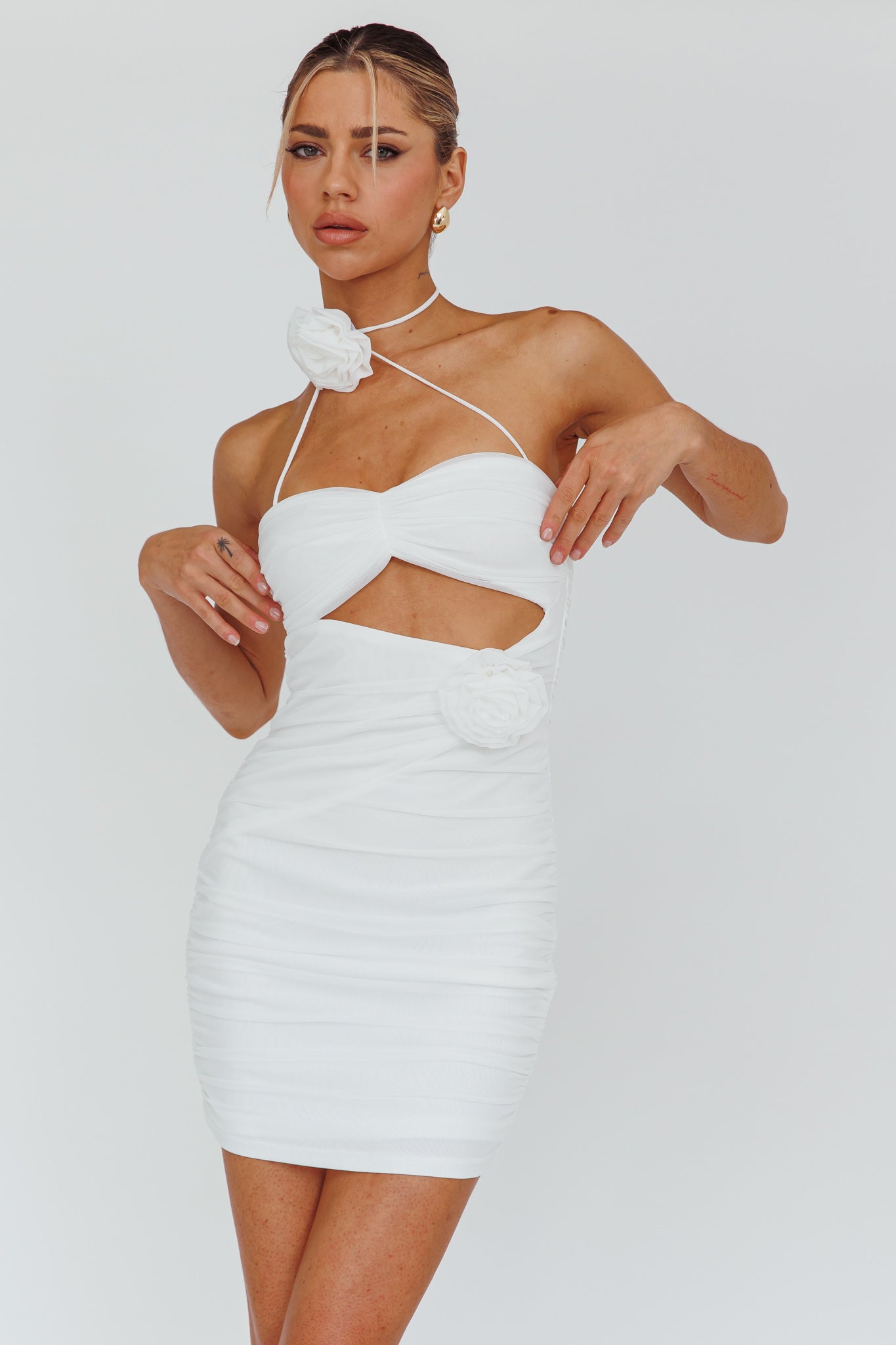 Calia Rose Accent Ruched Mini Dress White-Maymioy