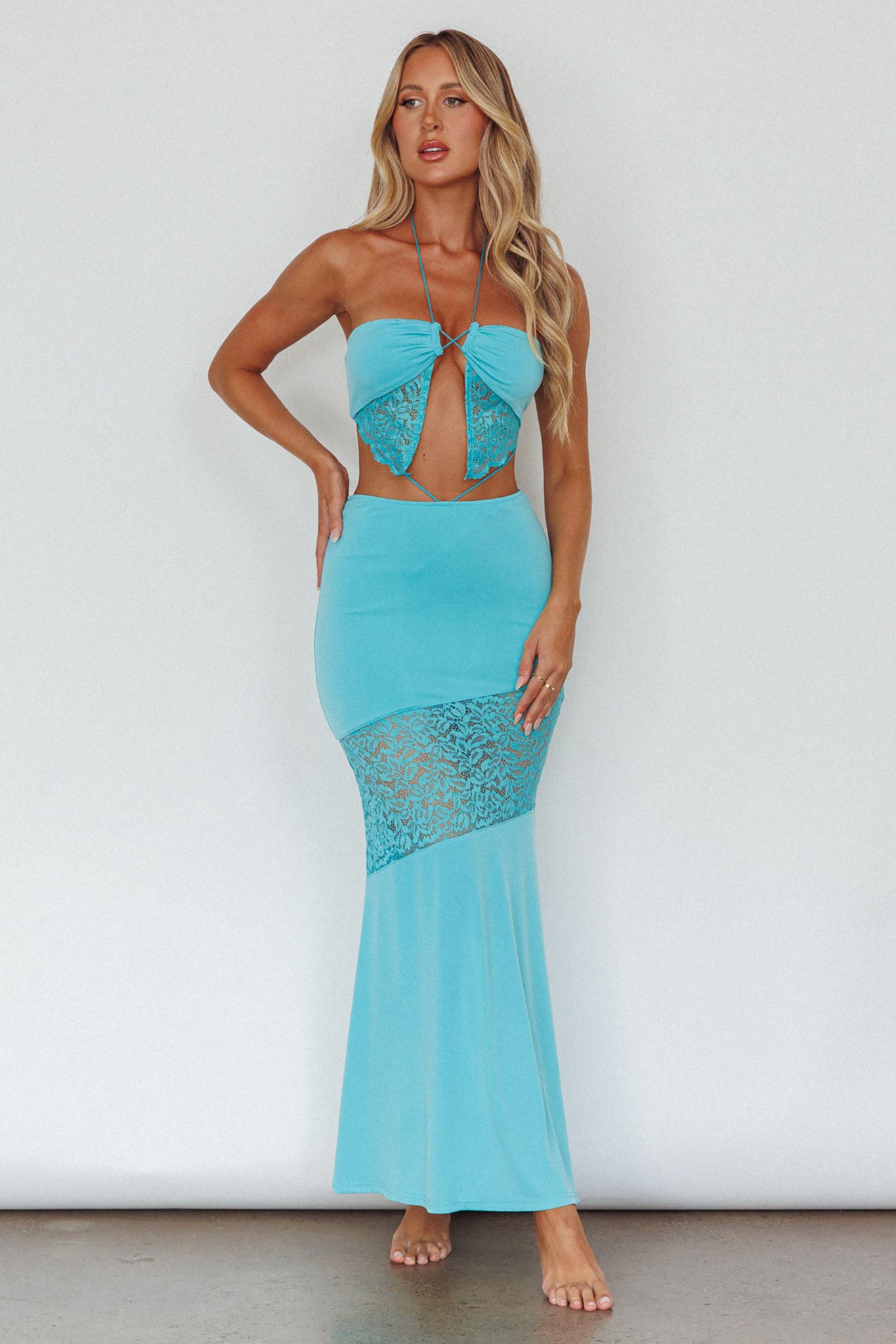 Florida Lace Insert Cut-Out Maxi Dress Blue-Maymioy