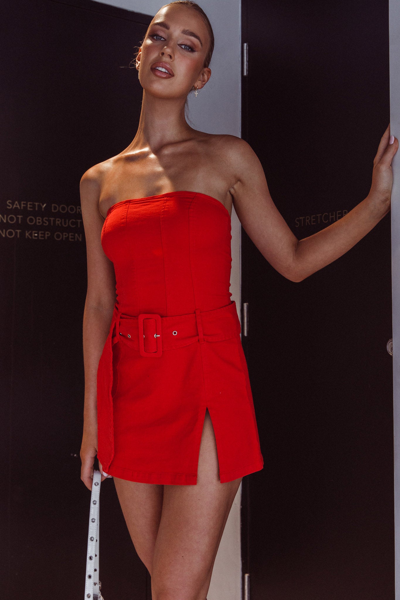 Thrill Seeker Belted Mini Dress Red-Maymioy