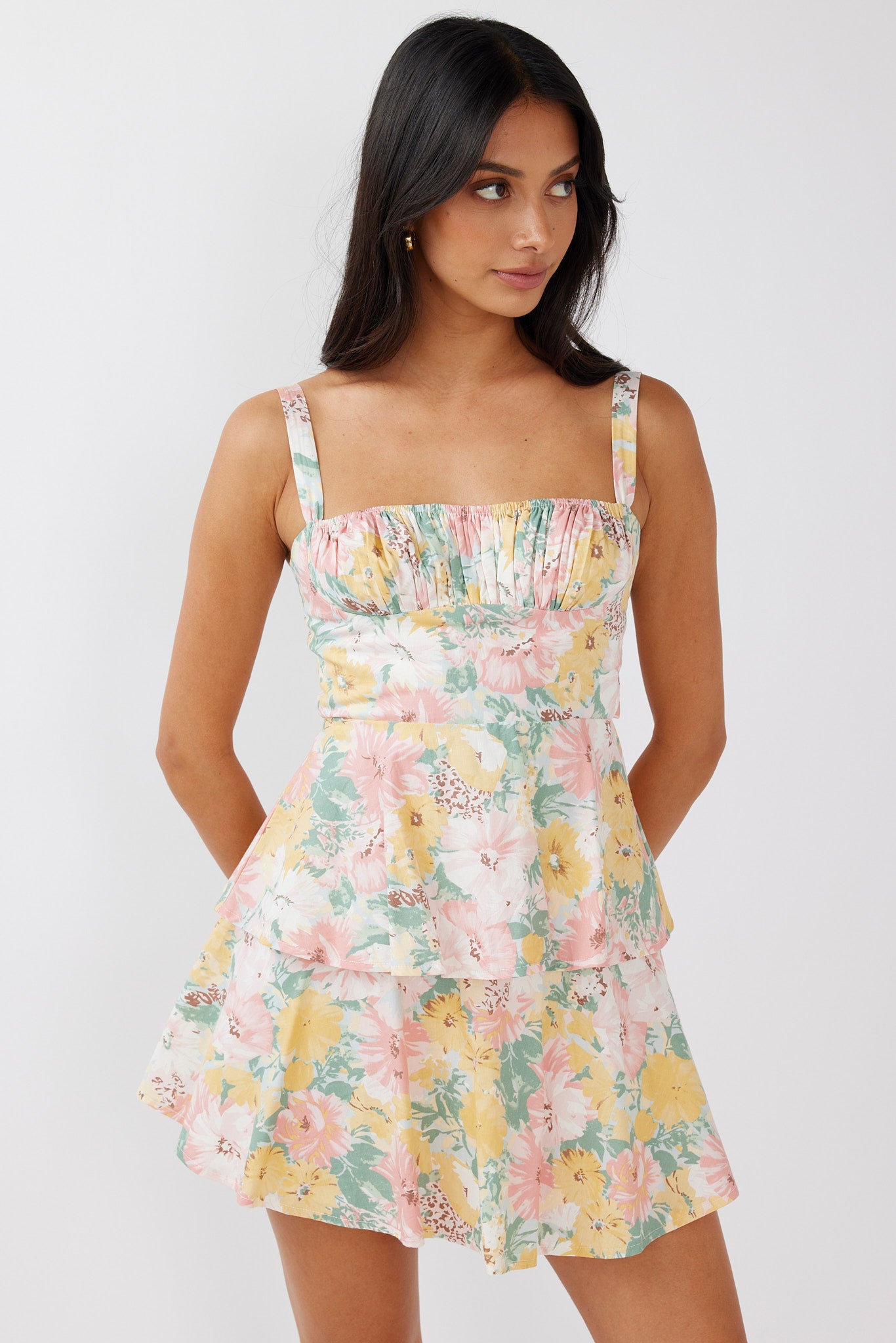 Provence Bloom Tiered Mini Dress Multi Blush-Maymioy