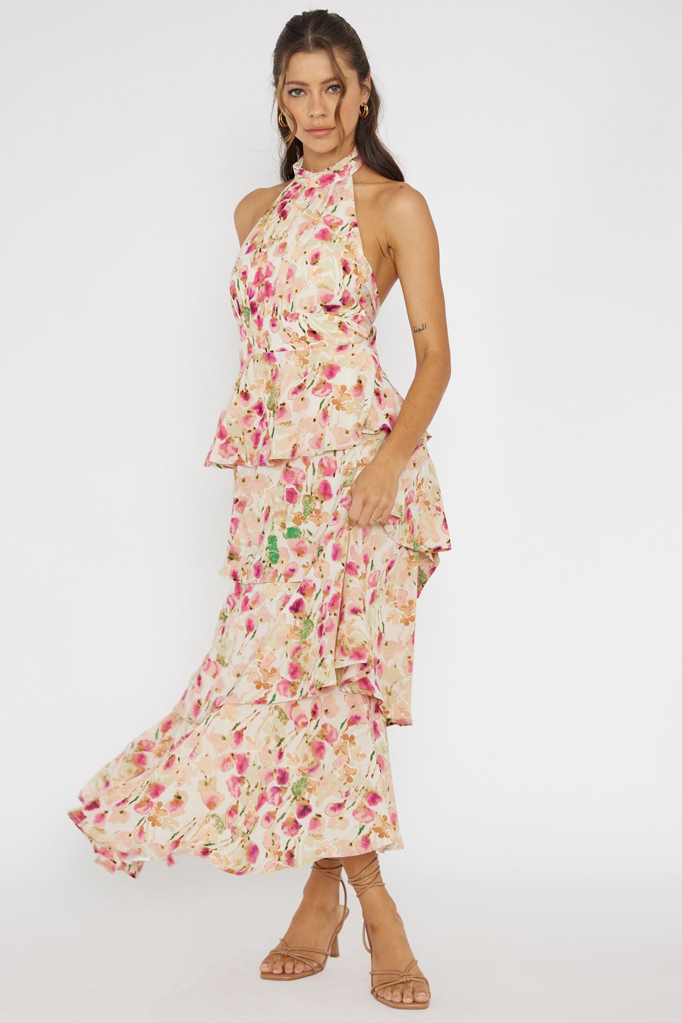 Provence Bloom Tiered Halterneck Dress Pink-Maymioy