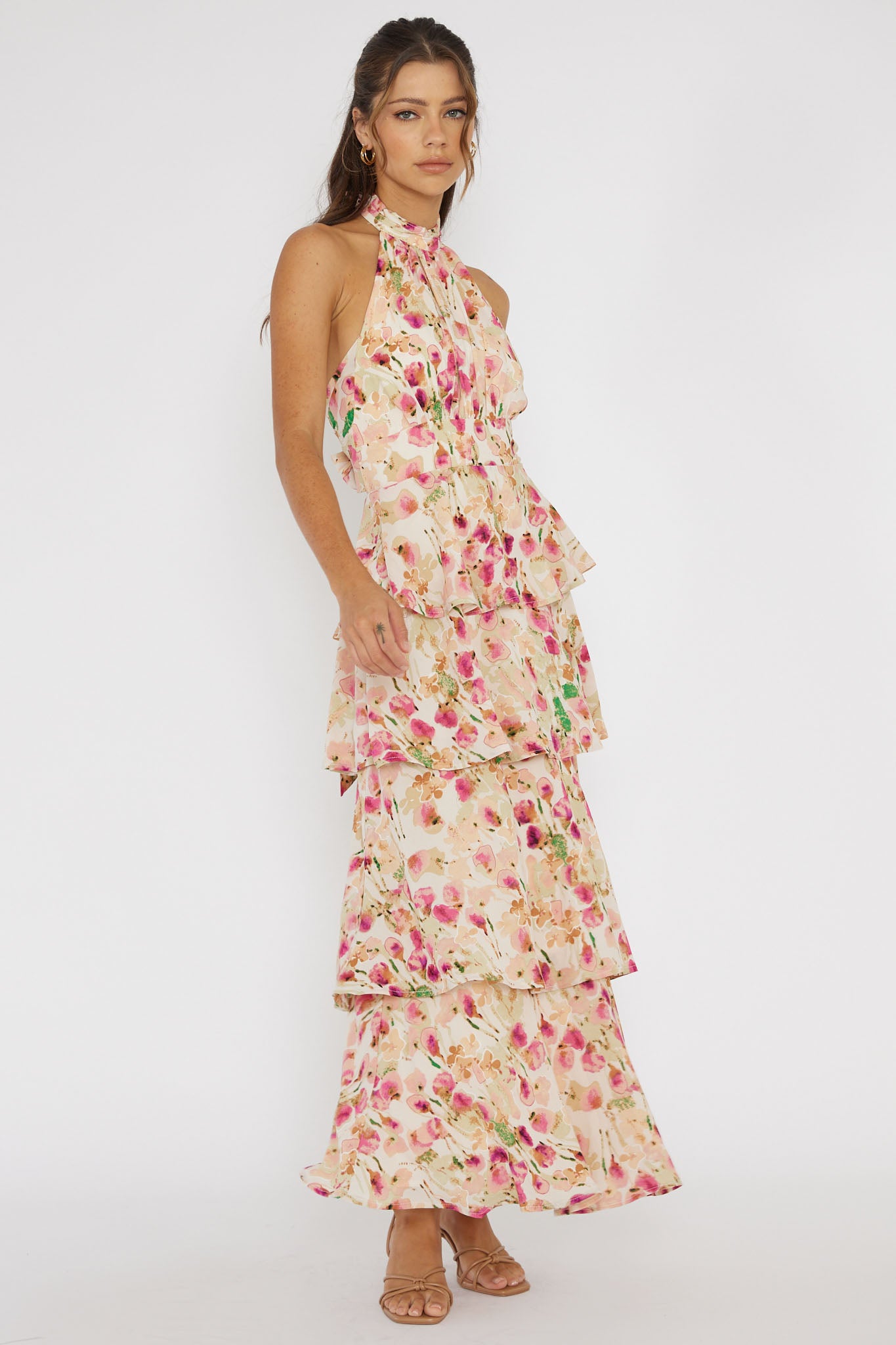 Provence Bloom Tiered Halterneck Dress Pink-Maymioy