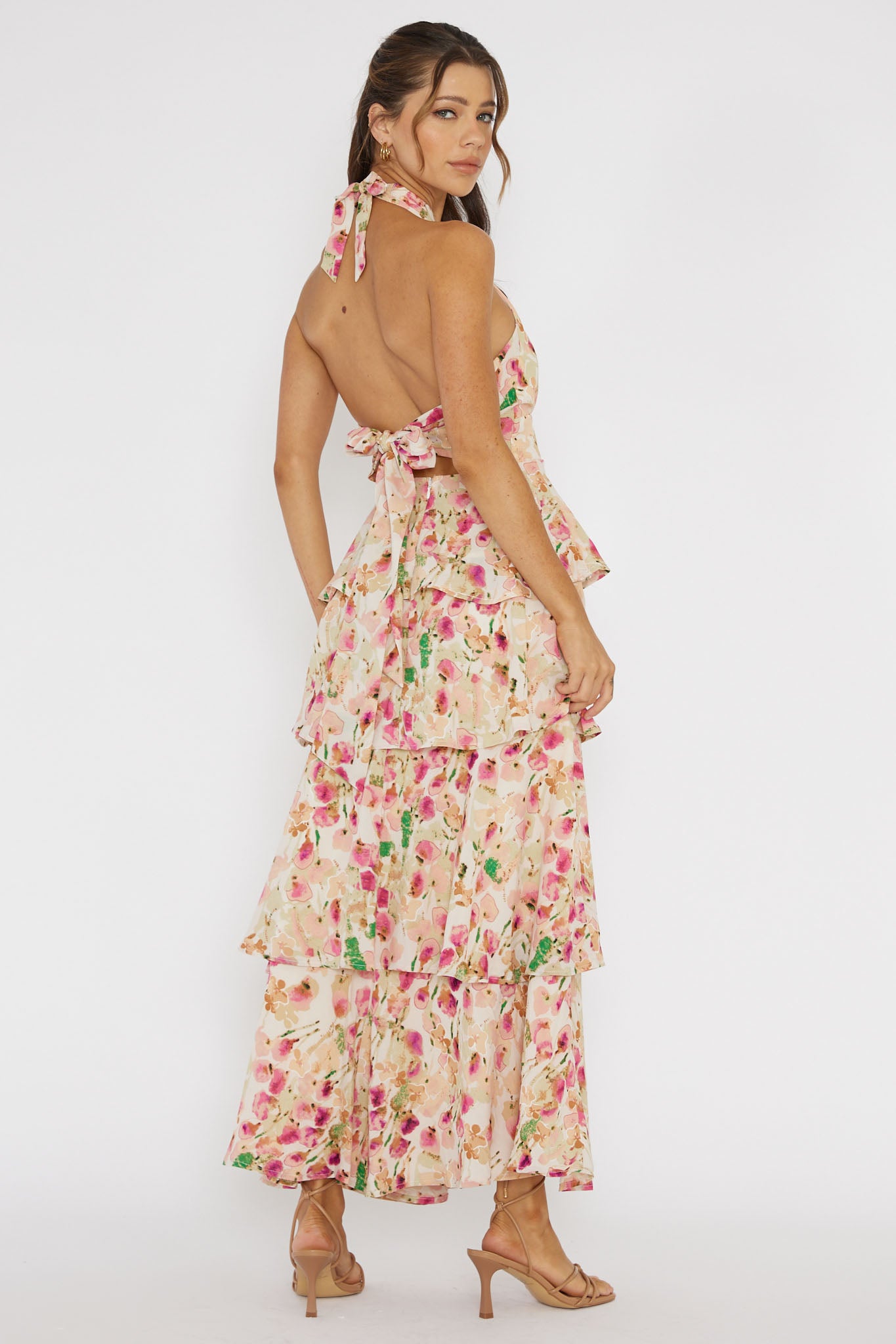 Provence Bloom Tiered Halterneck Dress Pink-Maymioy