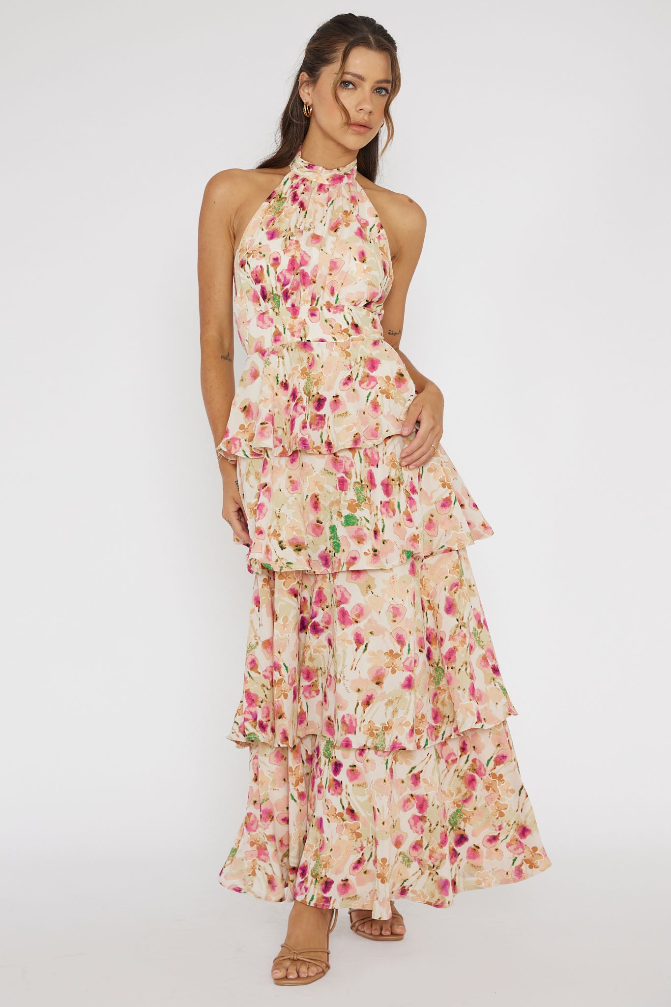 Provence Bloom Tiered Halterneck Dress Pink-Maymioy