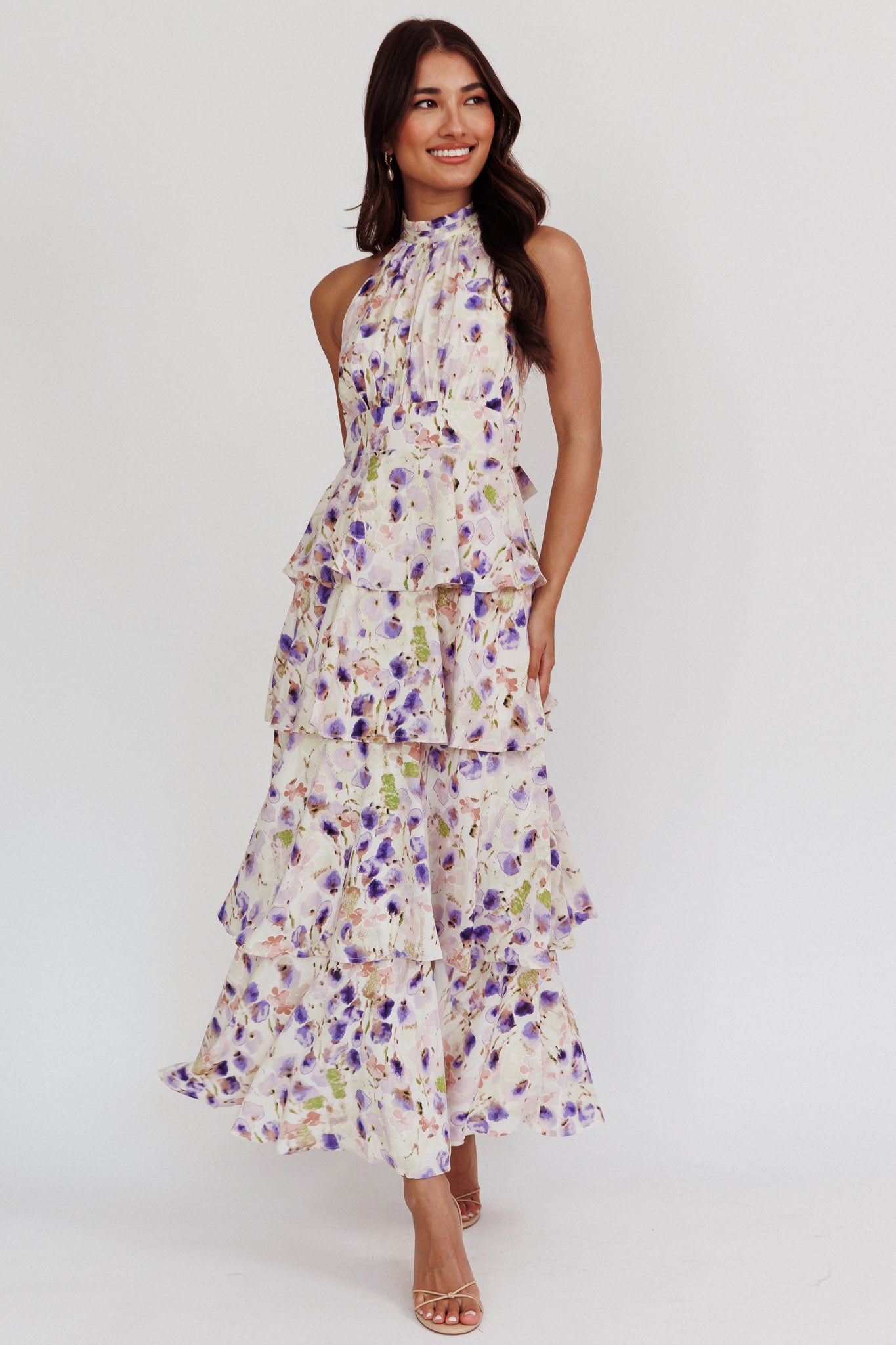 Provence Bloom Tiered Halterneck Dress Blue-Maymioy