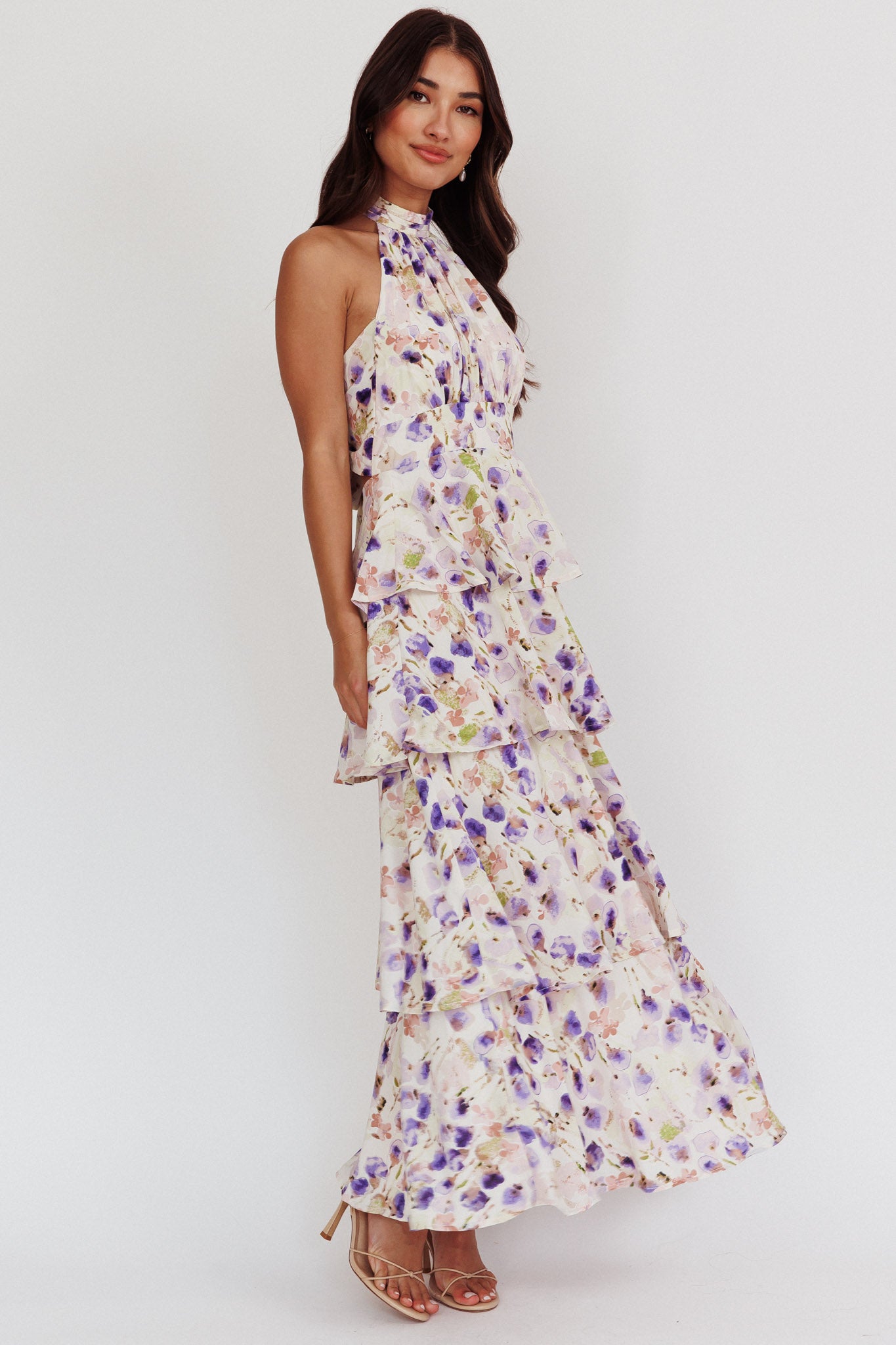 Provence Bloom Tiered Halterneck Dress Blue-Maymioy