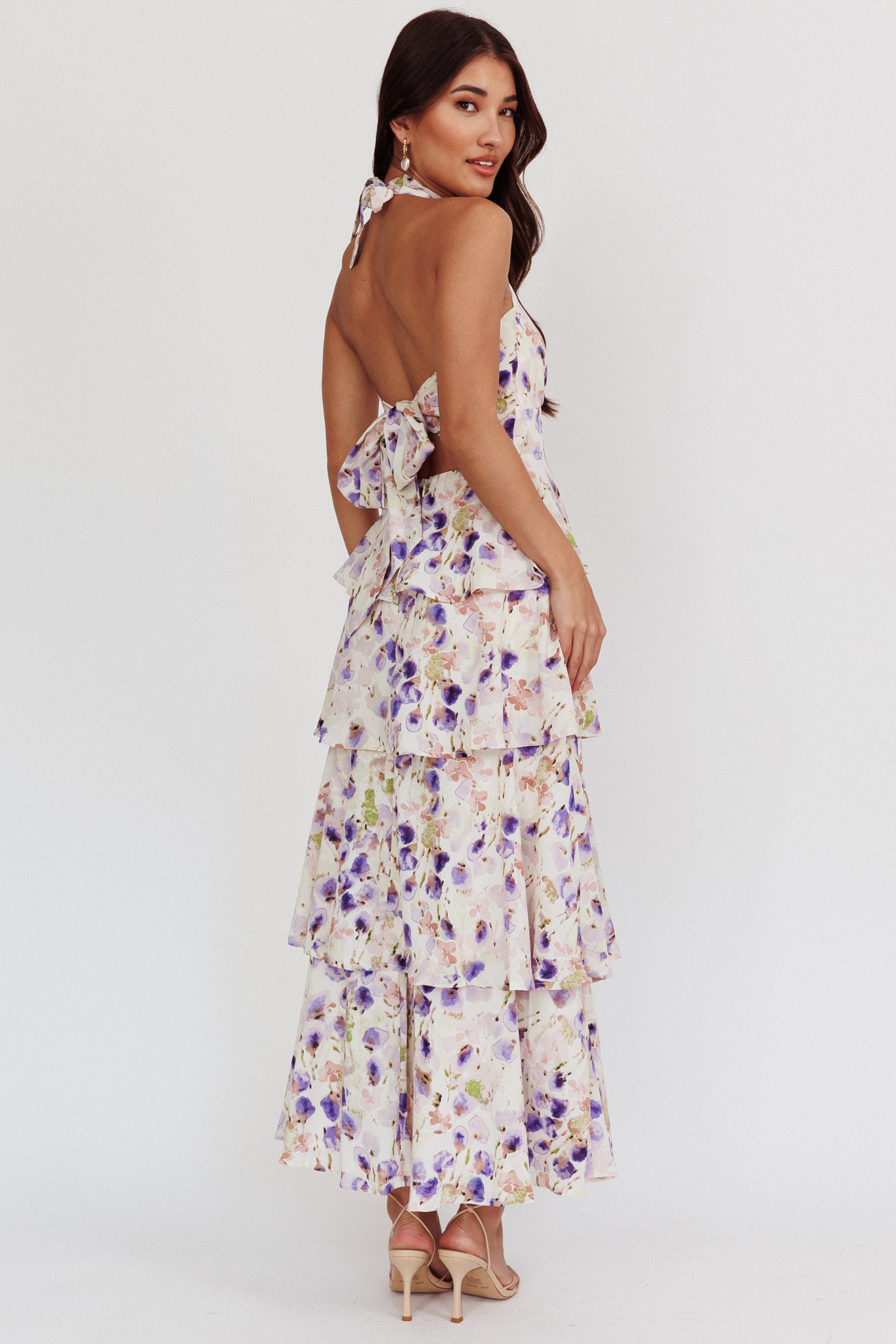 Provence Bloom Tiered Halterneck Dress Blue-Maymioy