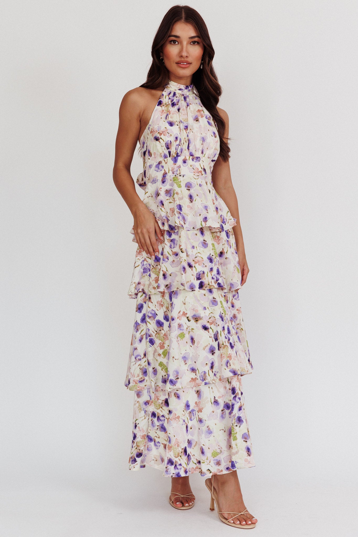 Provence Bloom Tiered Halterneck Dress Blue-Maymioy