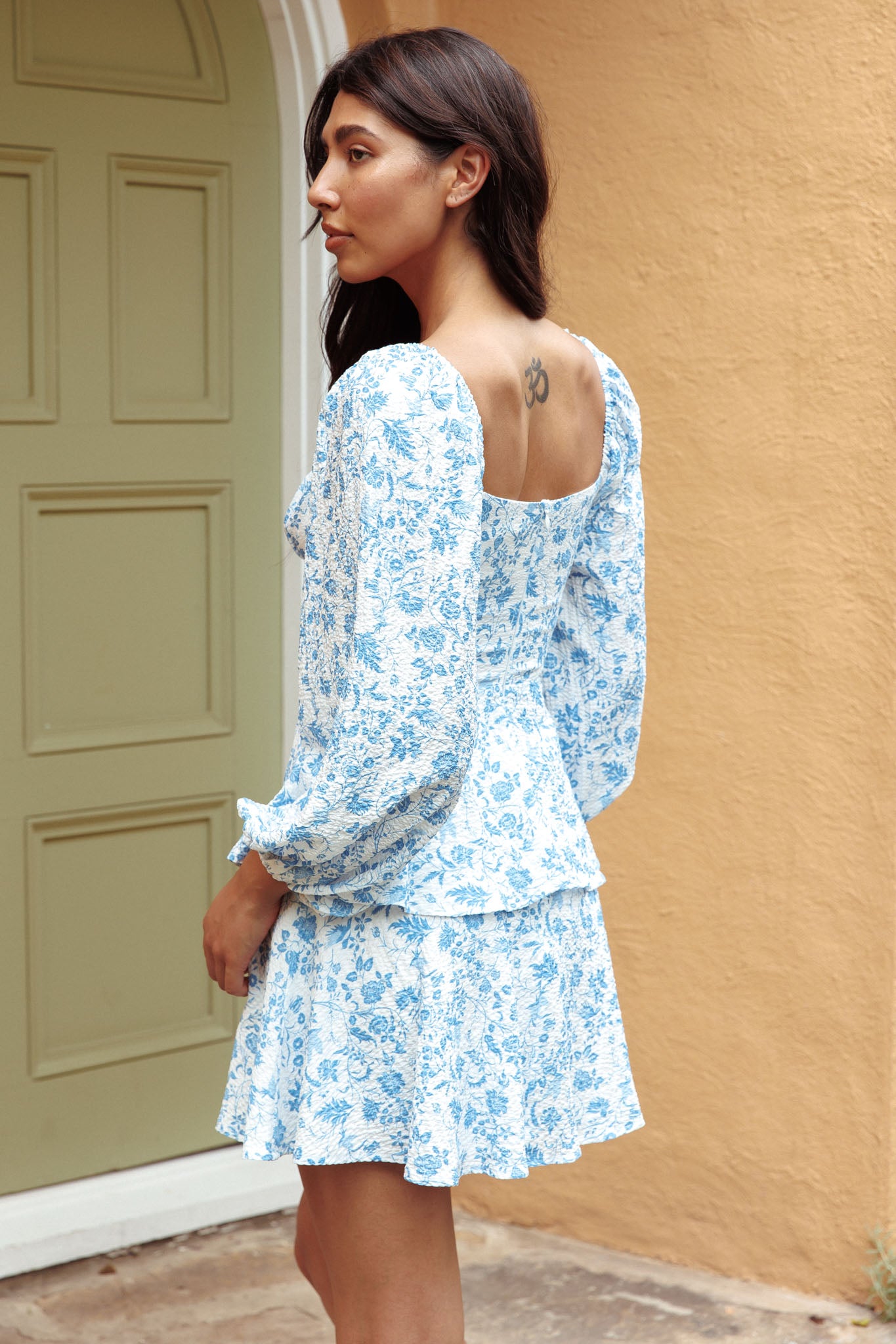 Provence Bloom Long Sleeve Mini Dress Floral Blue-Maymioy