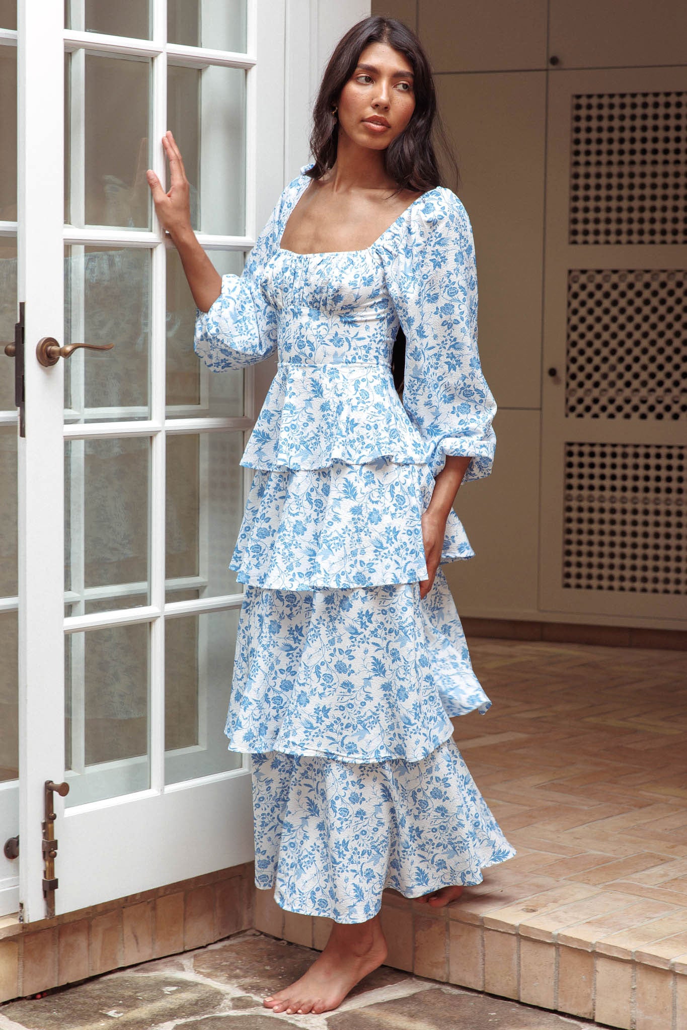 Provence Bloom Long Sleeve Maxi Dress Floral Blue-Maymioy