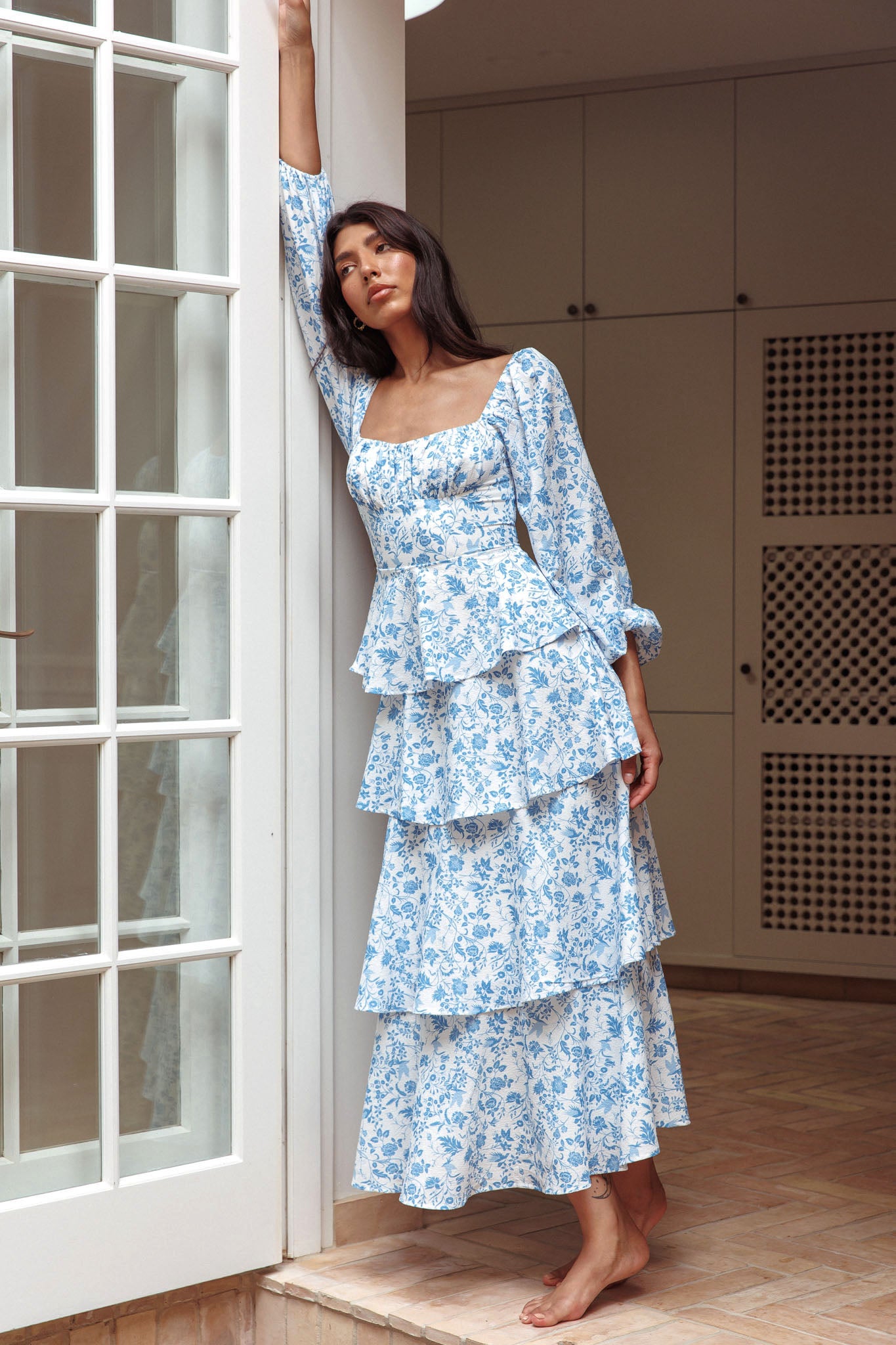 Provence Bloom Long Sleeve Maxi Dress Floral Blue-Maymioy