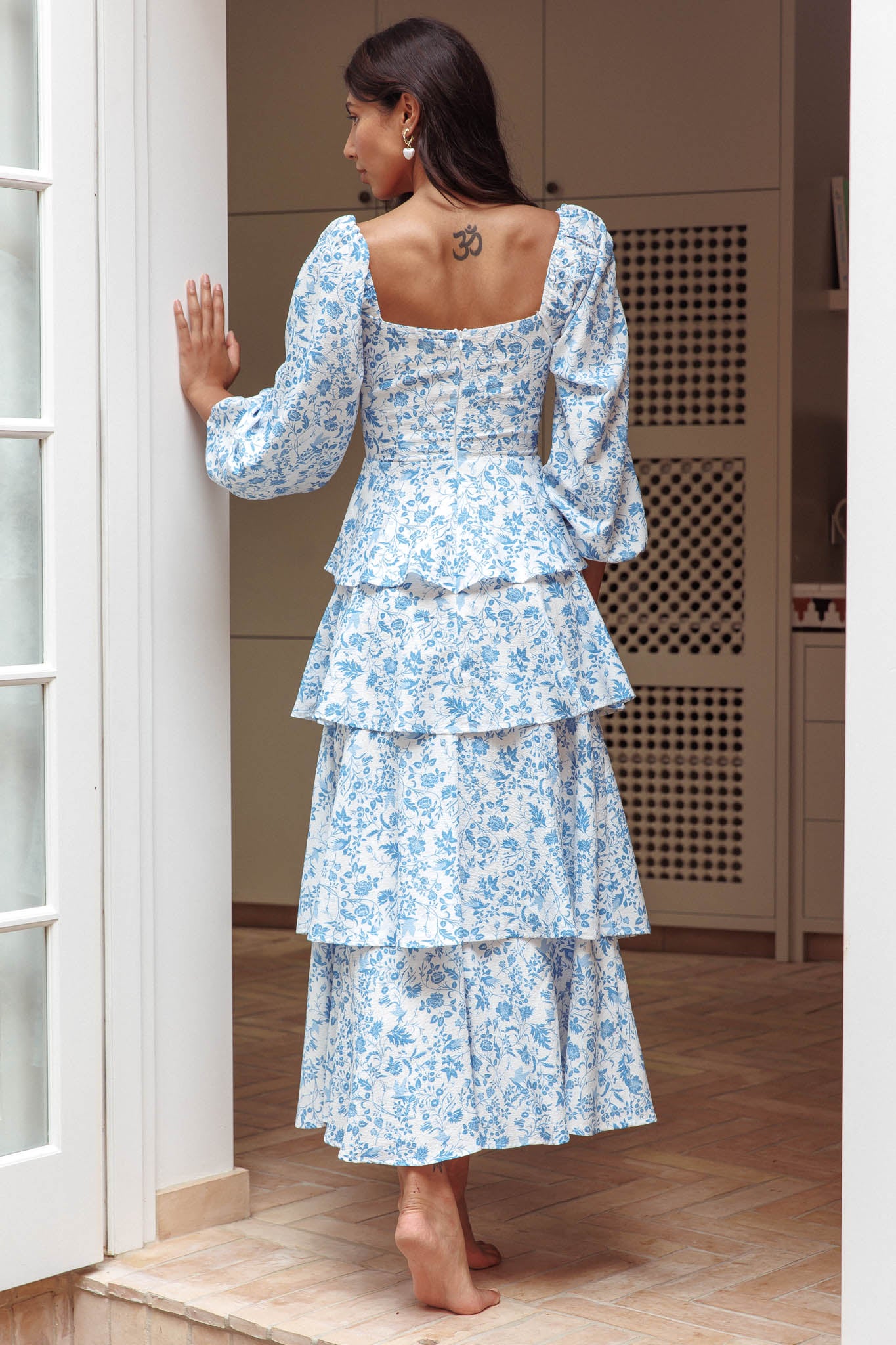Provence Bloom Long Sleeve Maxi Dress Floral Blue-Maymioy