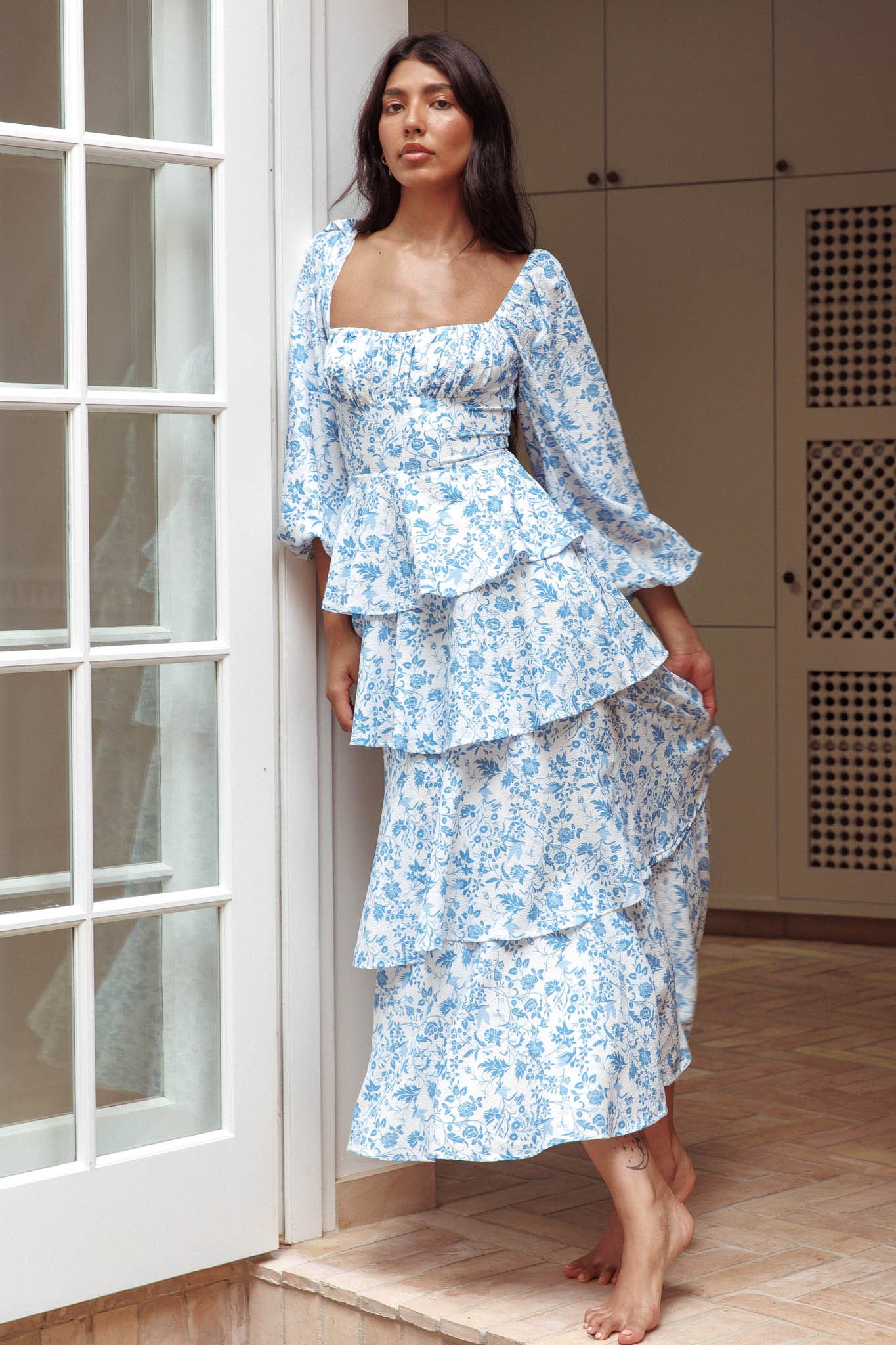 Provence Bloom Long Sleeve Maxi Dress Floral Blue-Maymioy