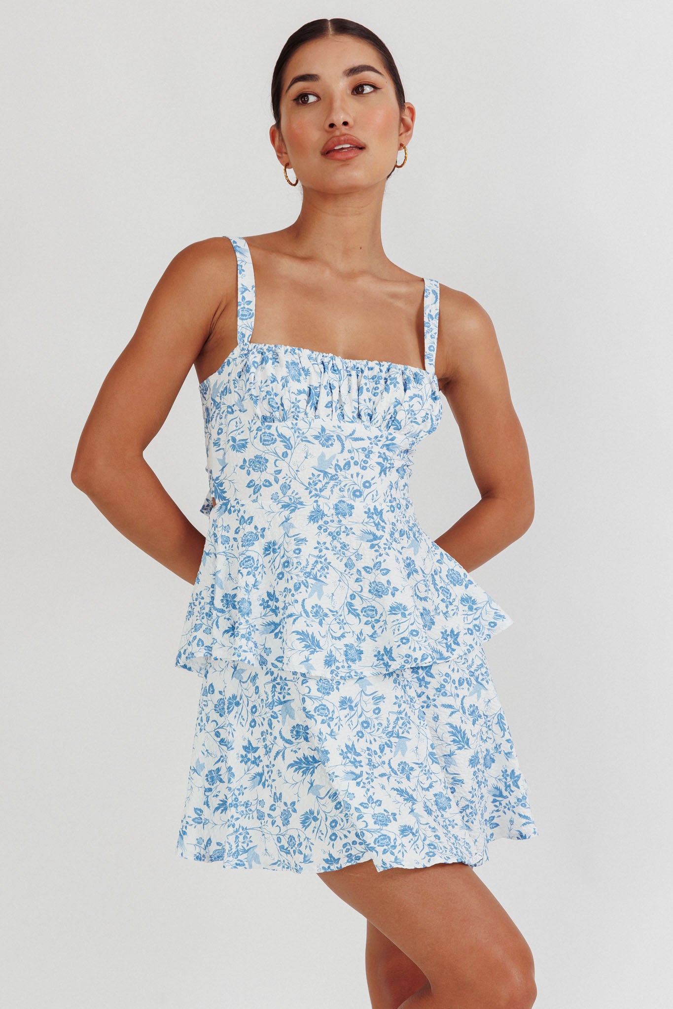 Provence Bloom Tiered Ruffle Mini Dress Blue-Maymioy