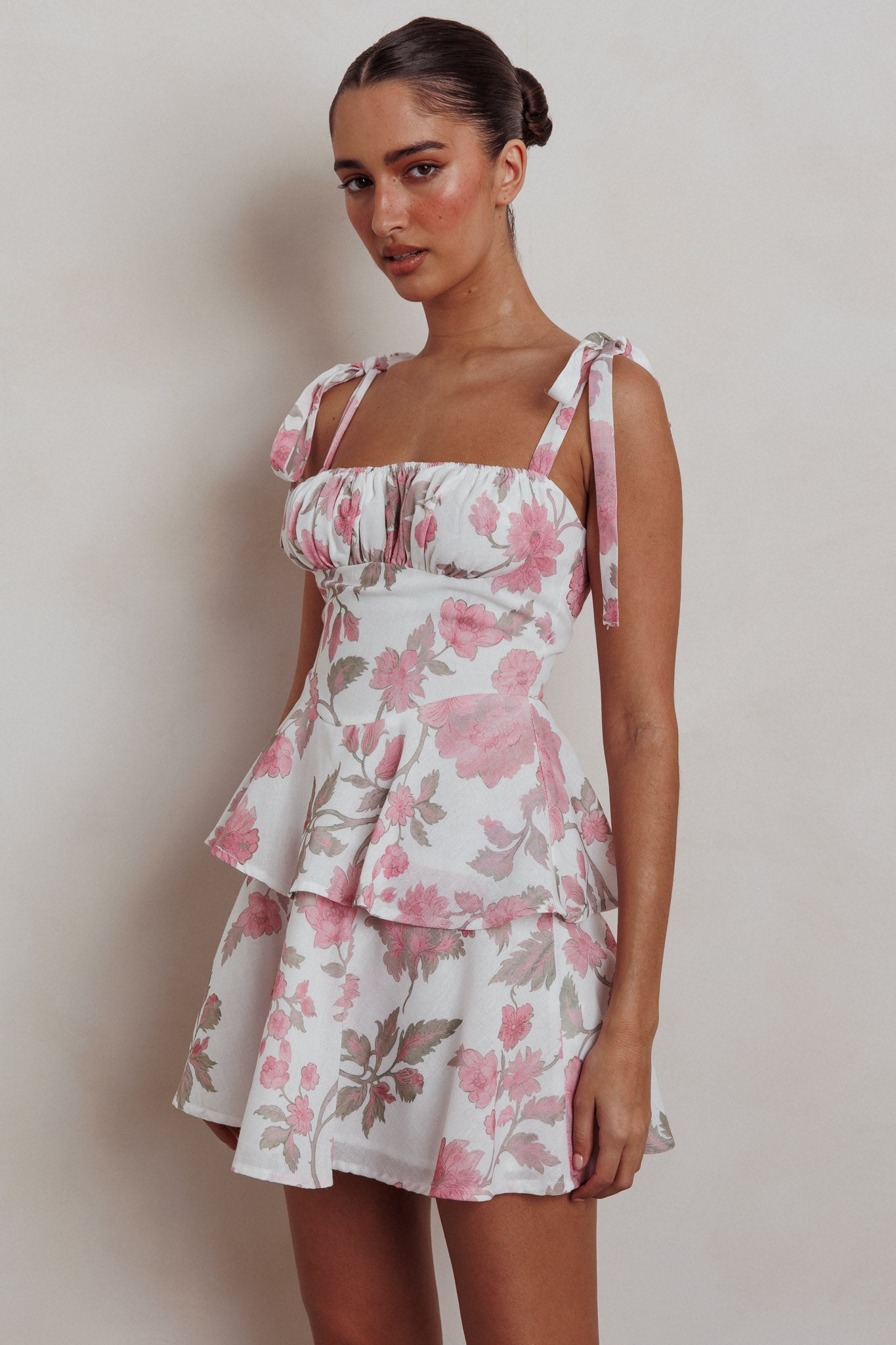 Provence Bloom Peplum Mini Dress Floral Pink-Maymioy