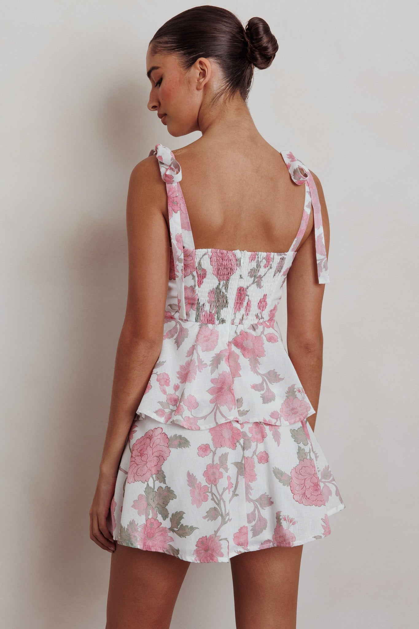 Provence Bloom Peplum Mini Dress Floral Pink-Maymioy
