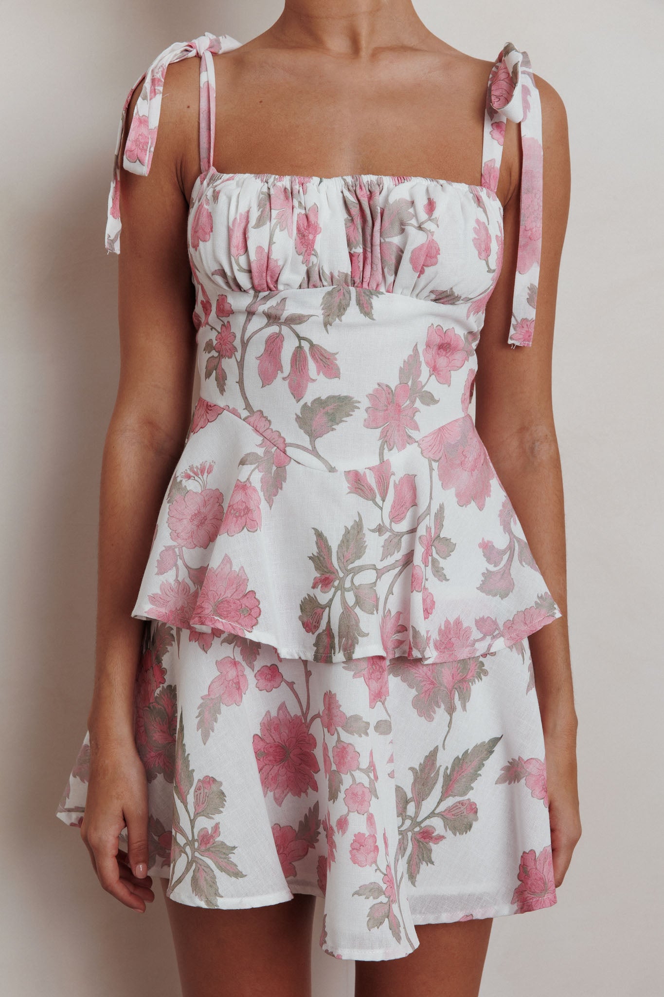 Provence Bloom Peplum Mini Dress Floral Pink-Maymioy
