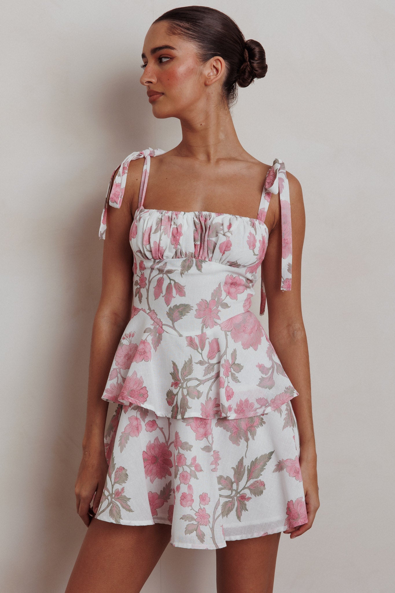 Provence Bloom Peplum Mini Dress Floral Pink-Maymioy