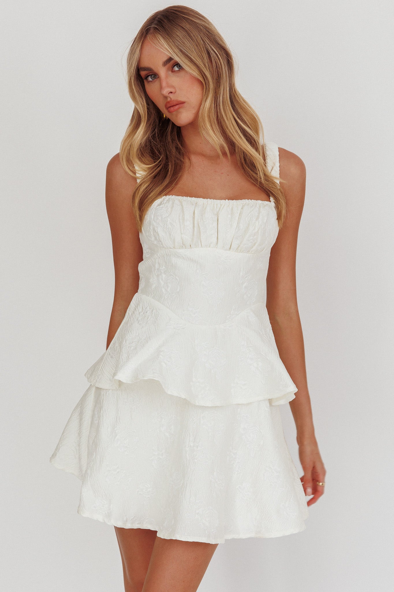 Provence Bloom Peplum Mini Dress Cream-Maymioy