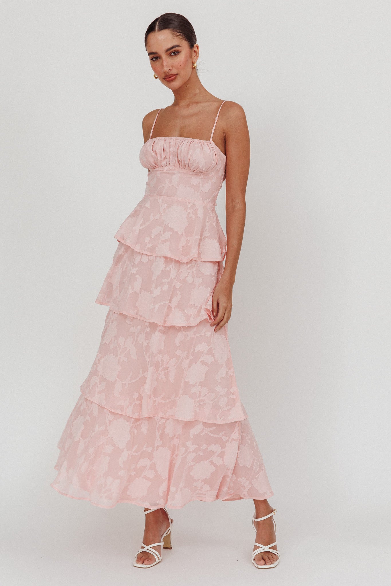 Provence Bloom Tiered Maxi Dress Jacquard Pink-Maymioy