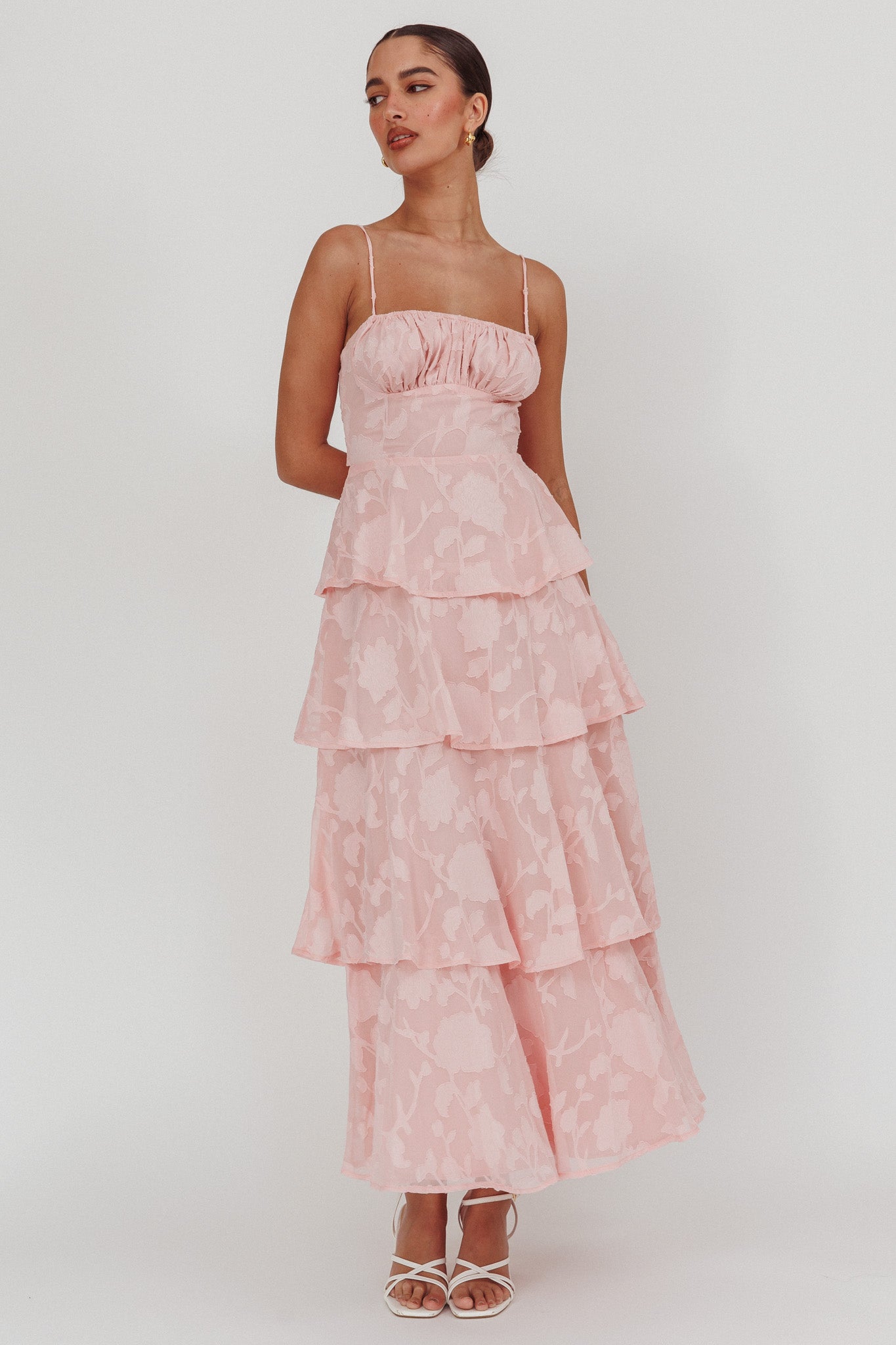 Provence Bloom Tiered Maxi Dress Jacquard Pink-Maymioy