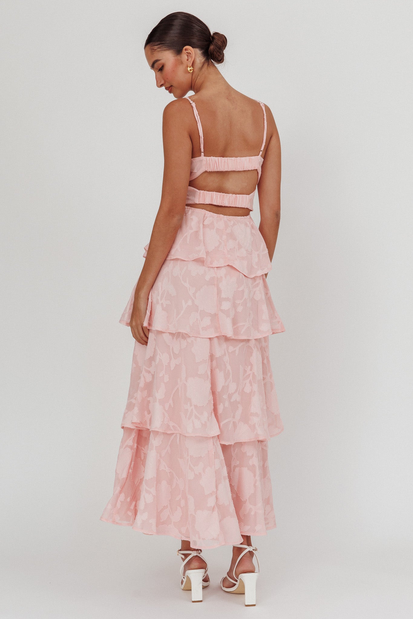 Provence Bloom Tiered Maxi Dress Jacquard Pink-Maymioy