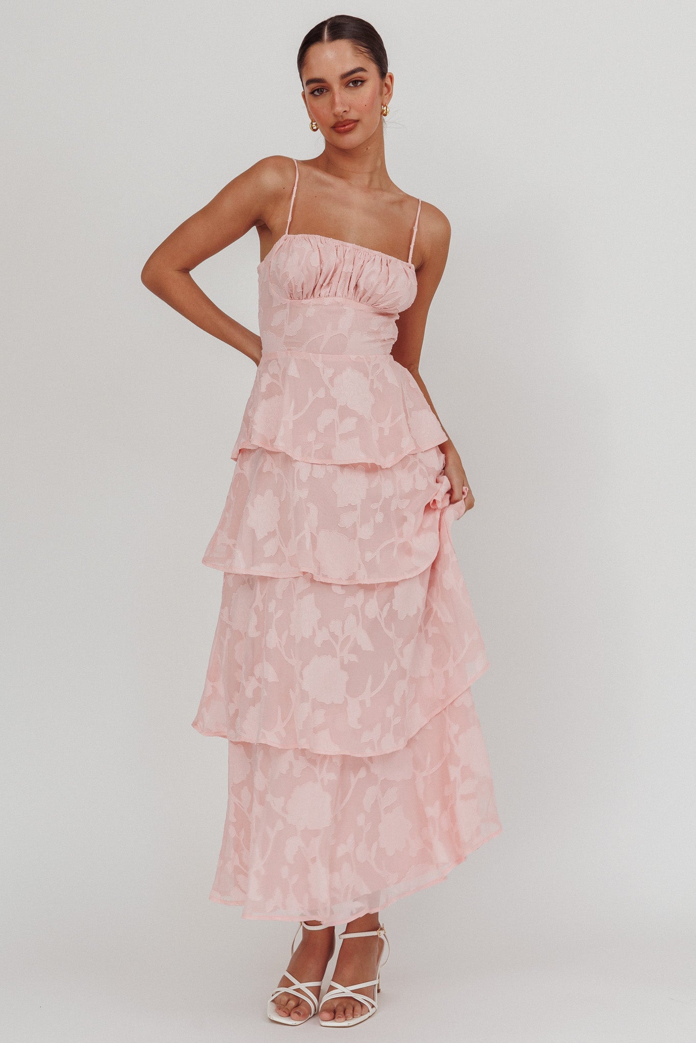 Provence Bloom Tiered Maxi Dress Jacquard Pink-Maymioy