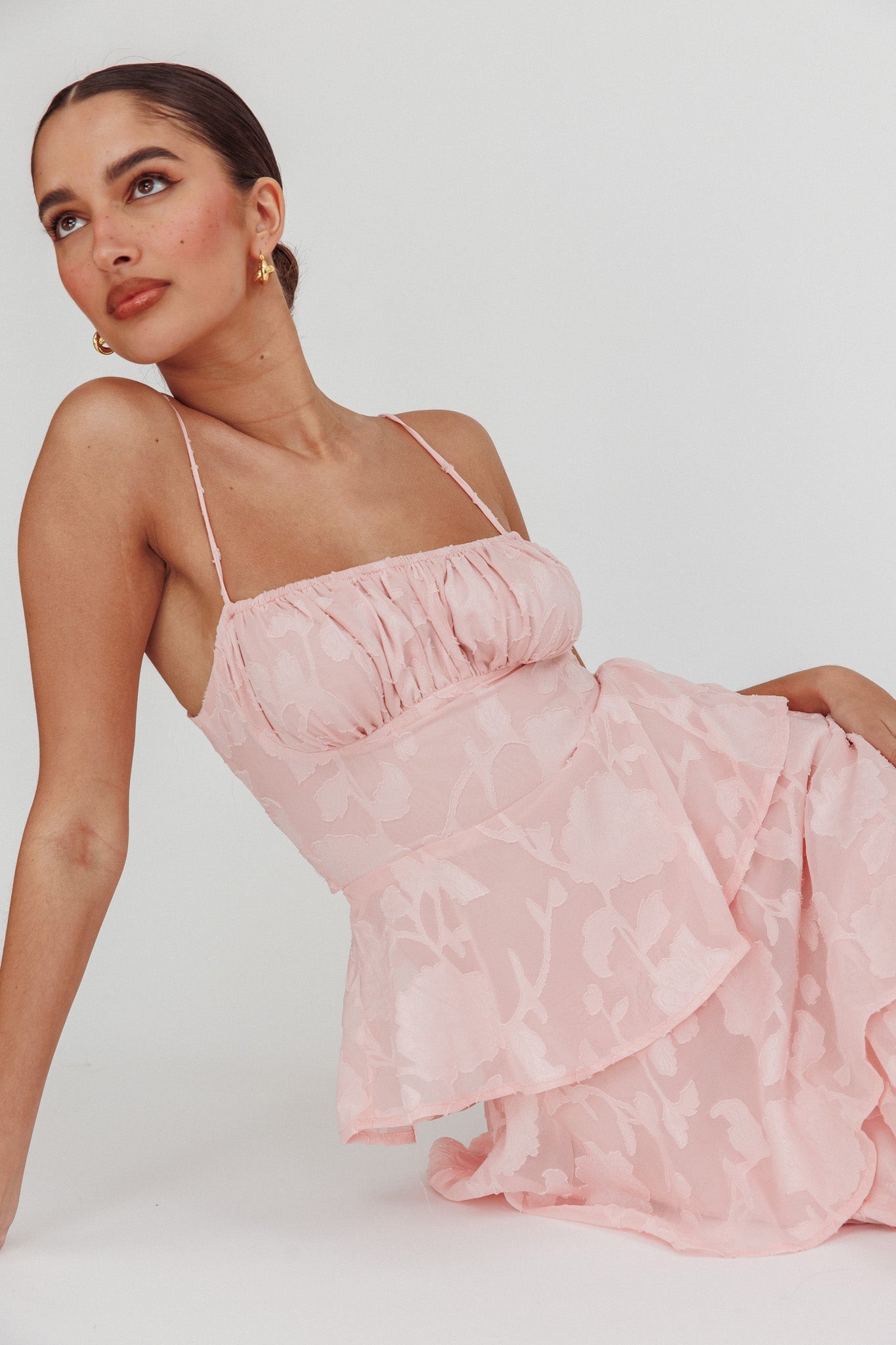 Provence Bloom Tiered Maxi Dress Jacquard Pink-Maymioy