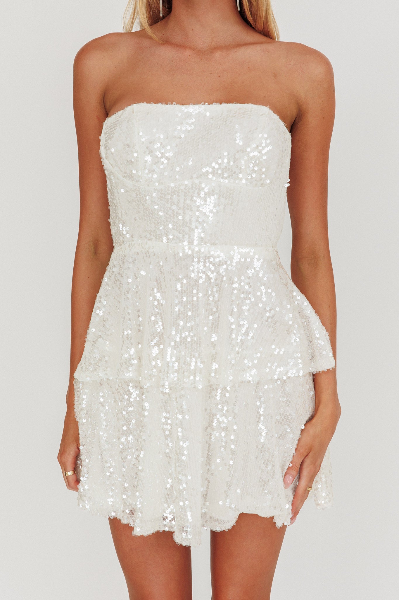 Provence Bloom Tiered Sequin Mini Dress White-Maymioy