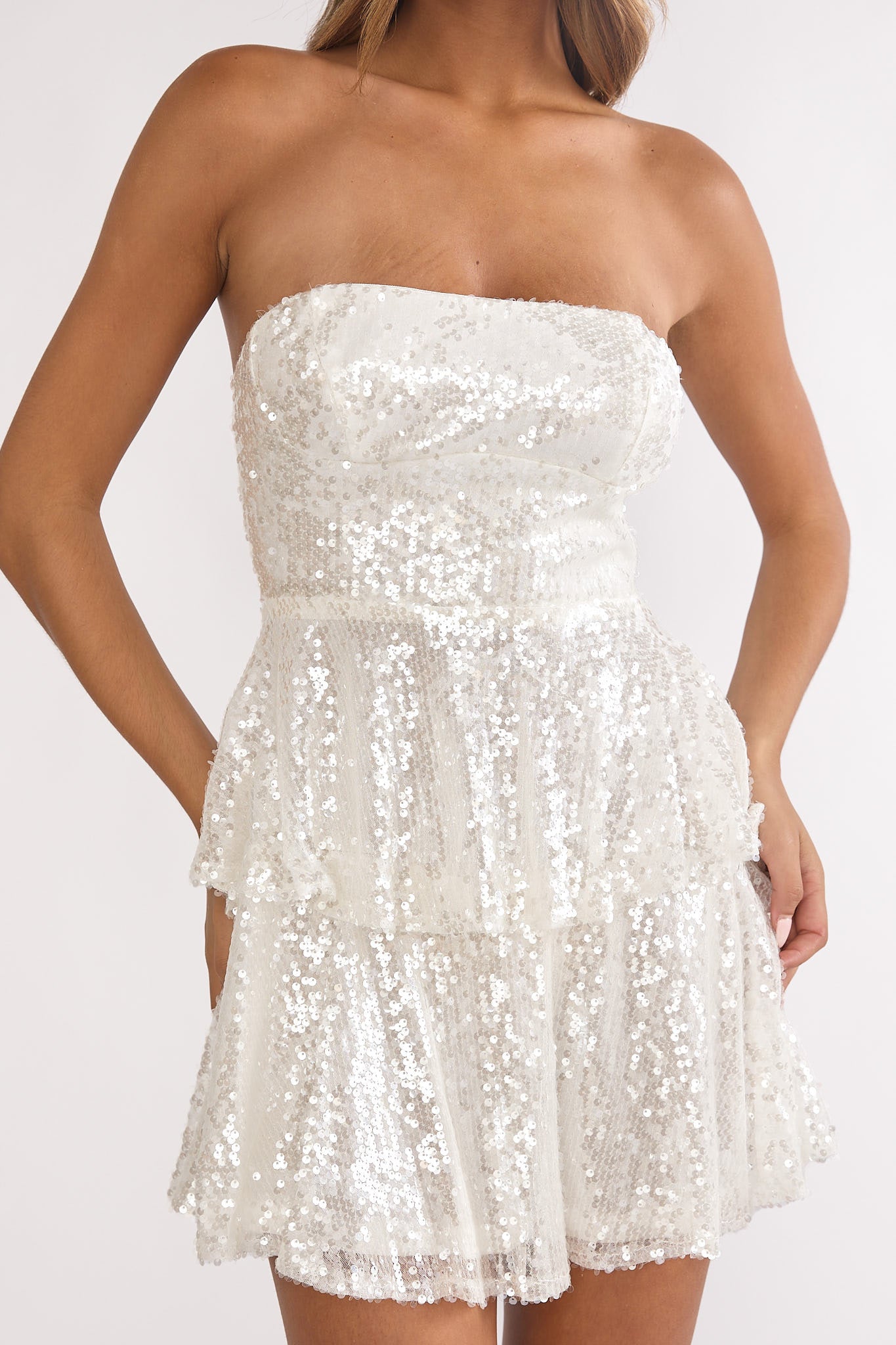 Provence Bloom Tiered Sequin Mini Dress White-Maymioy