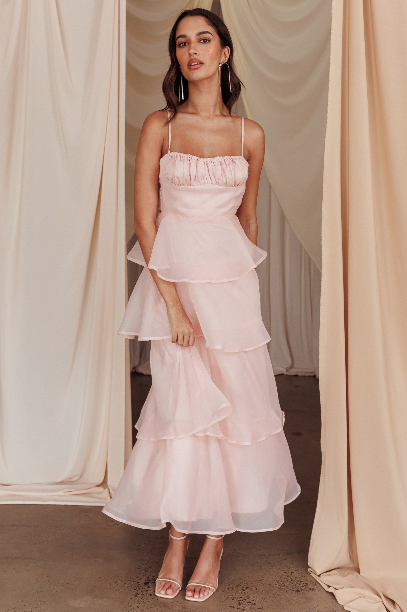 Provence Bloom Tiered Midi Dress Blush-Maymioy