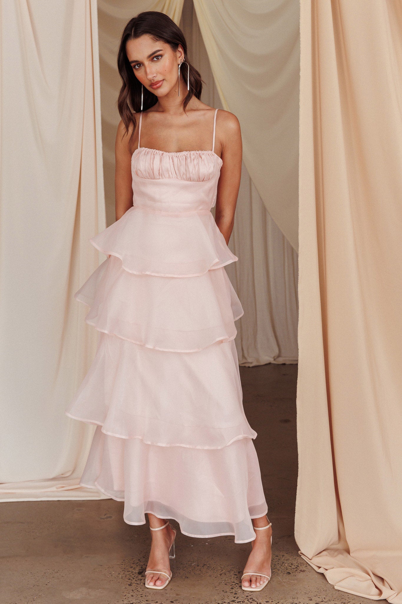 Provence Bloom Tiered Midi Dress Blush-Maymioy