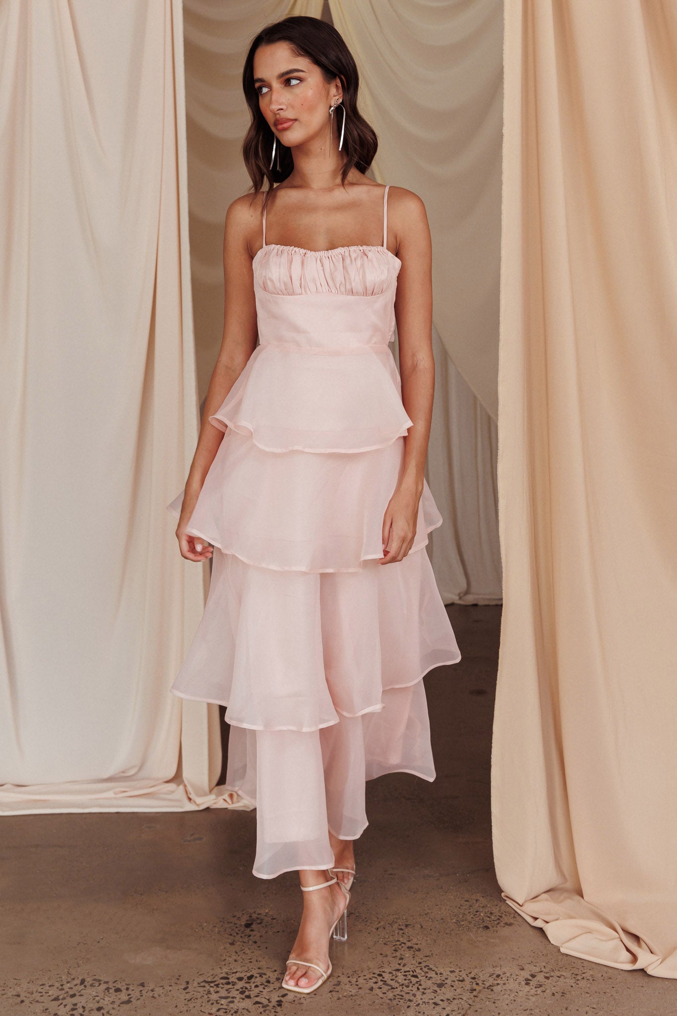 Provence Bloom Tiered Midi Dress Blush-Maymioy