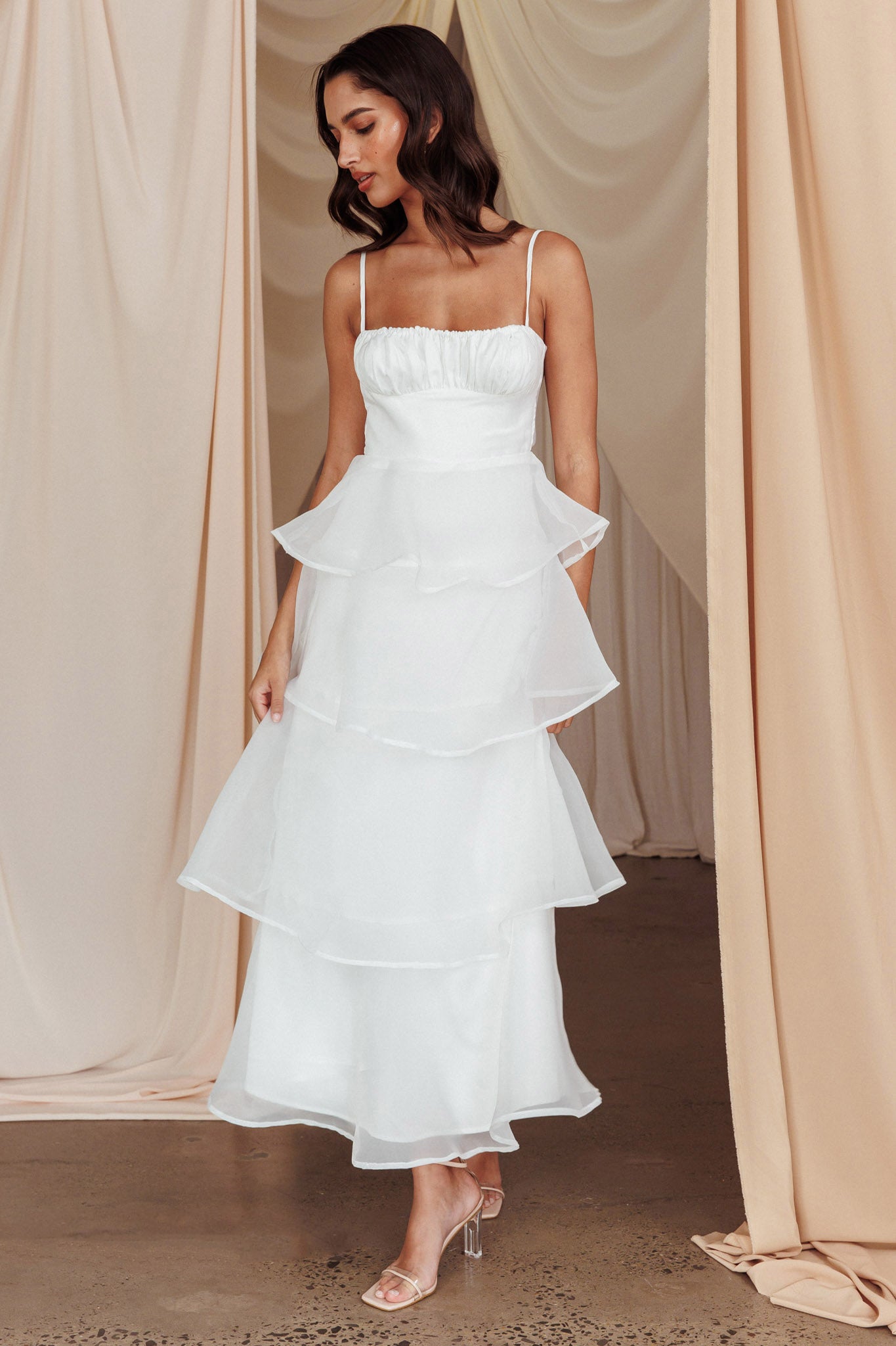 Provence Bloom Tiered Midi Dress White-Maymioy