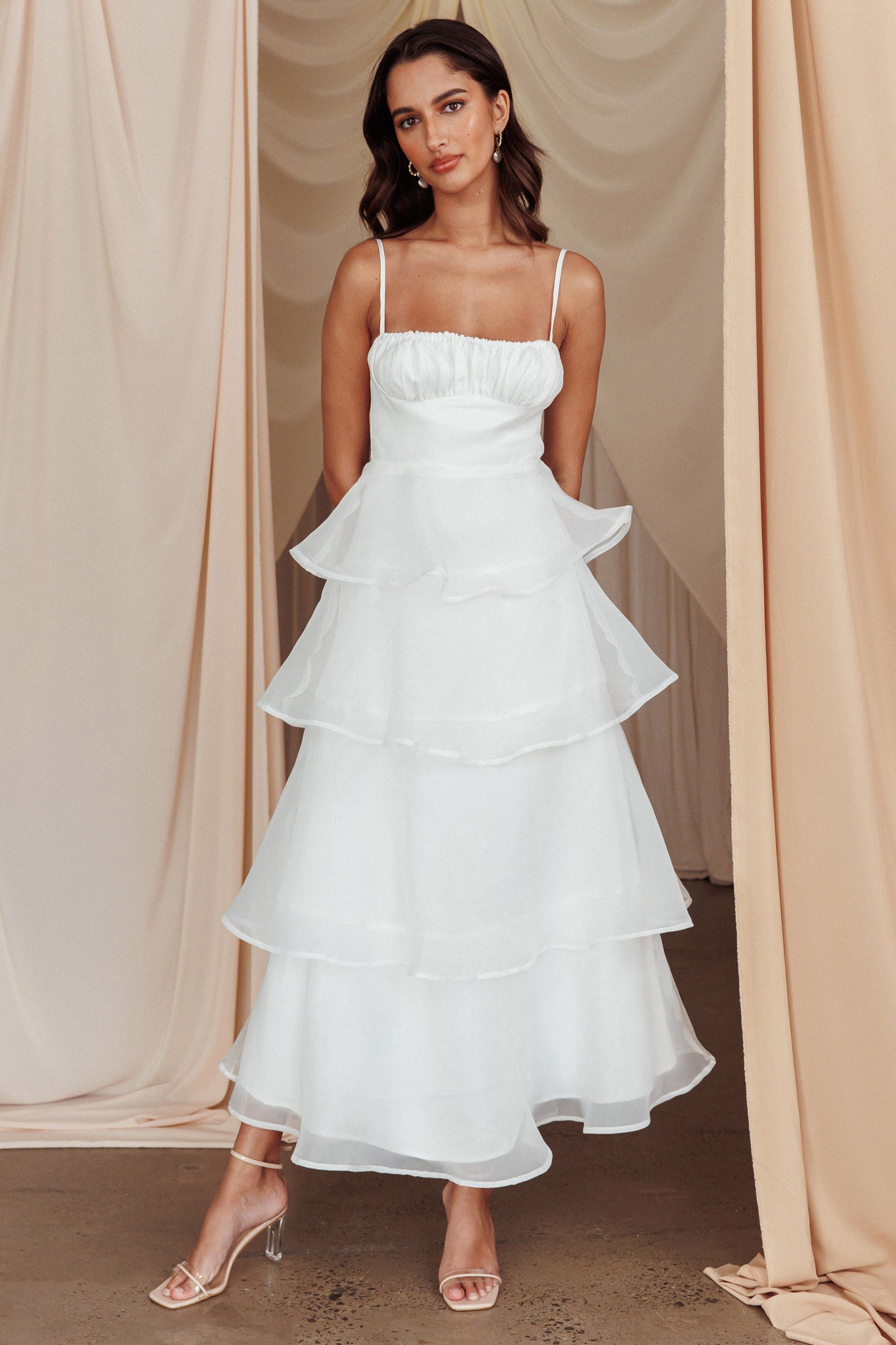 Provence Bloom Tiered Midi Dress White-Maymioy