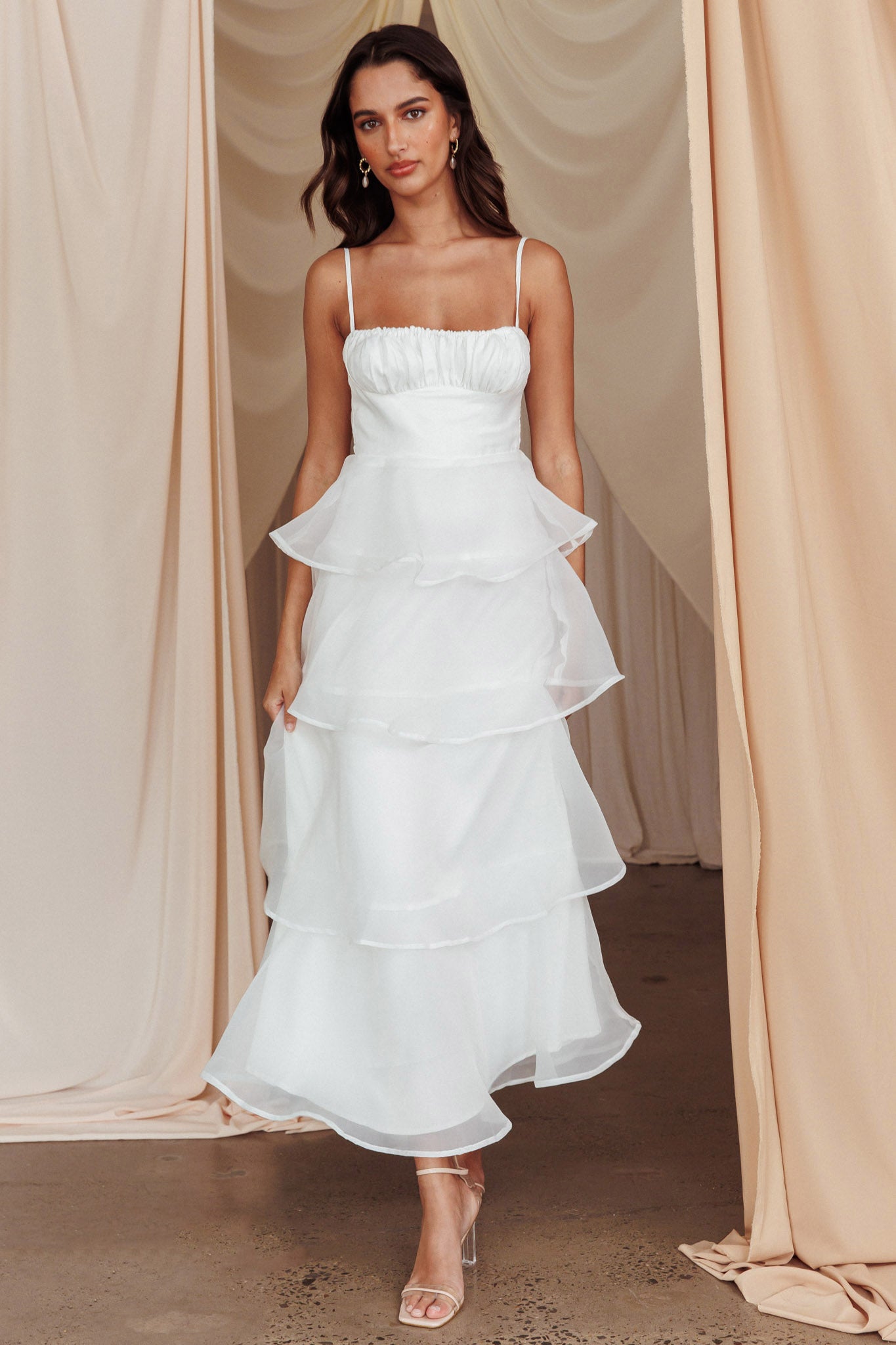 Provence Bloom Tiered Midi Dress White-Maymioy