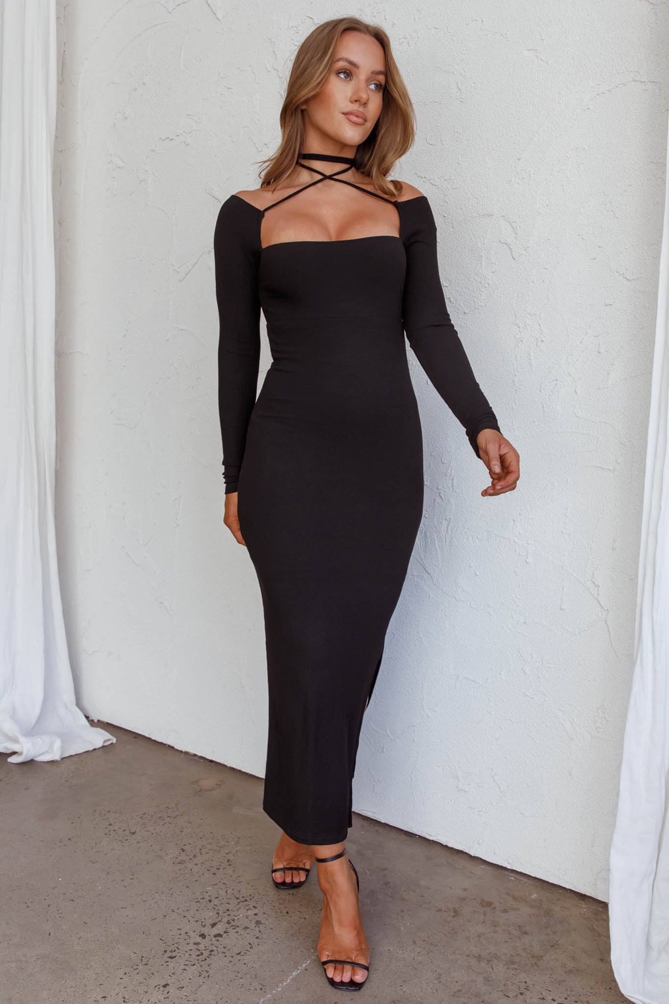 News Flash Long Sleeve Midi Dress Black-Maymioy
