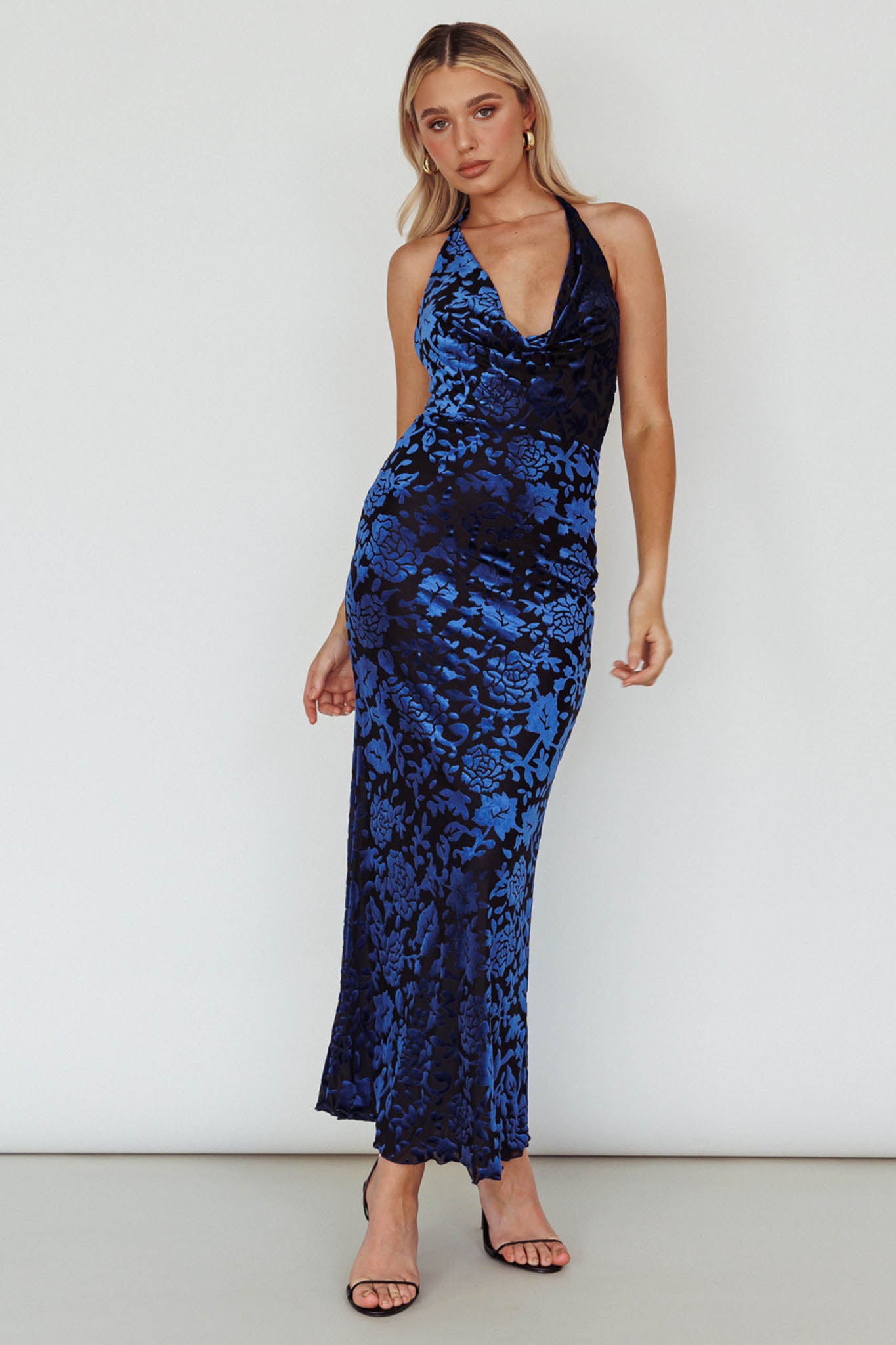 Byzantine Cowl Halterneck Midi Dress Floral Midnight Blue-Maymioy