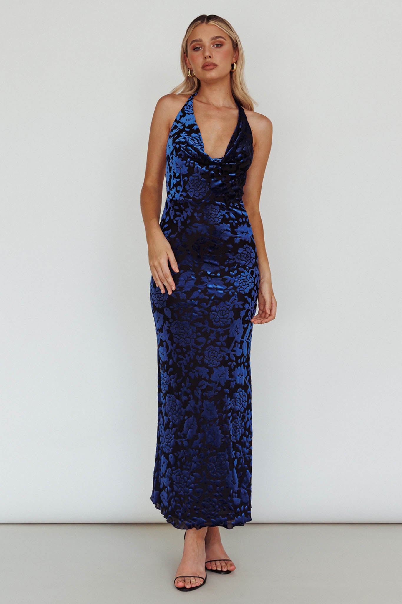 Byzantine Cowl Halterneck Midi Dress Floral Midnight Blue-Maymioy