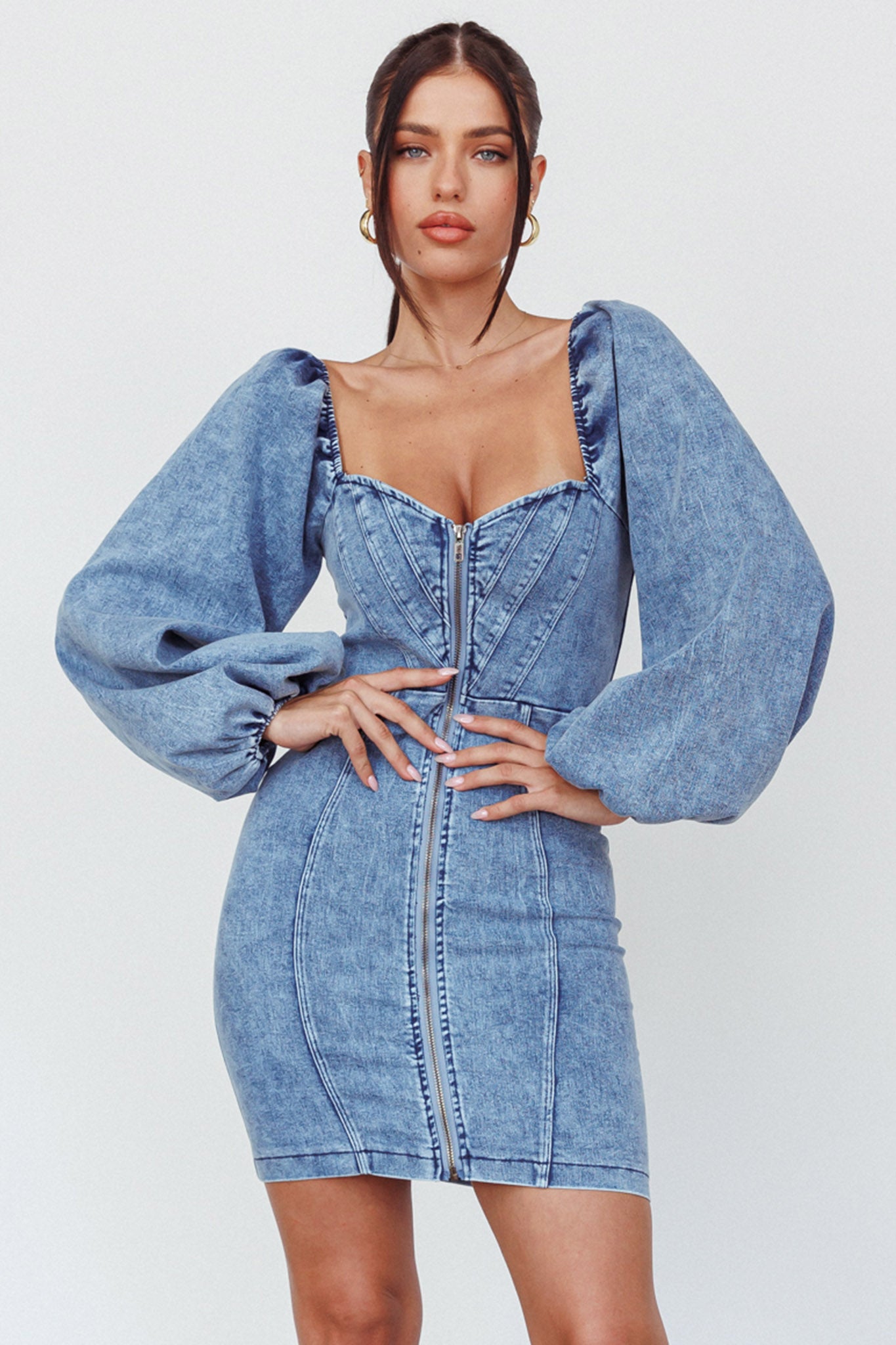 Tasmyn Balloon Sleeve Zipper Mini Dress Denim-Maymioy